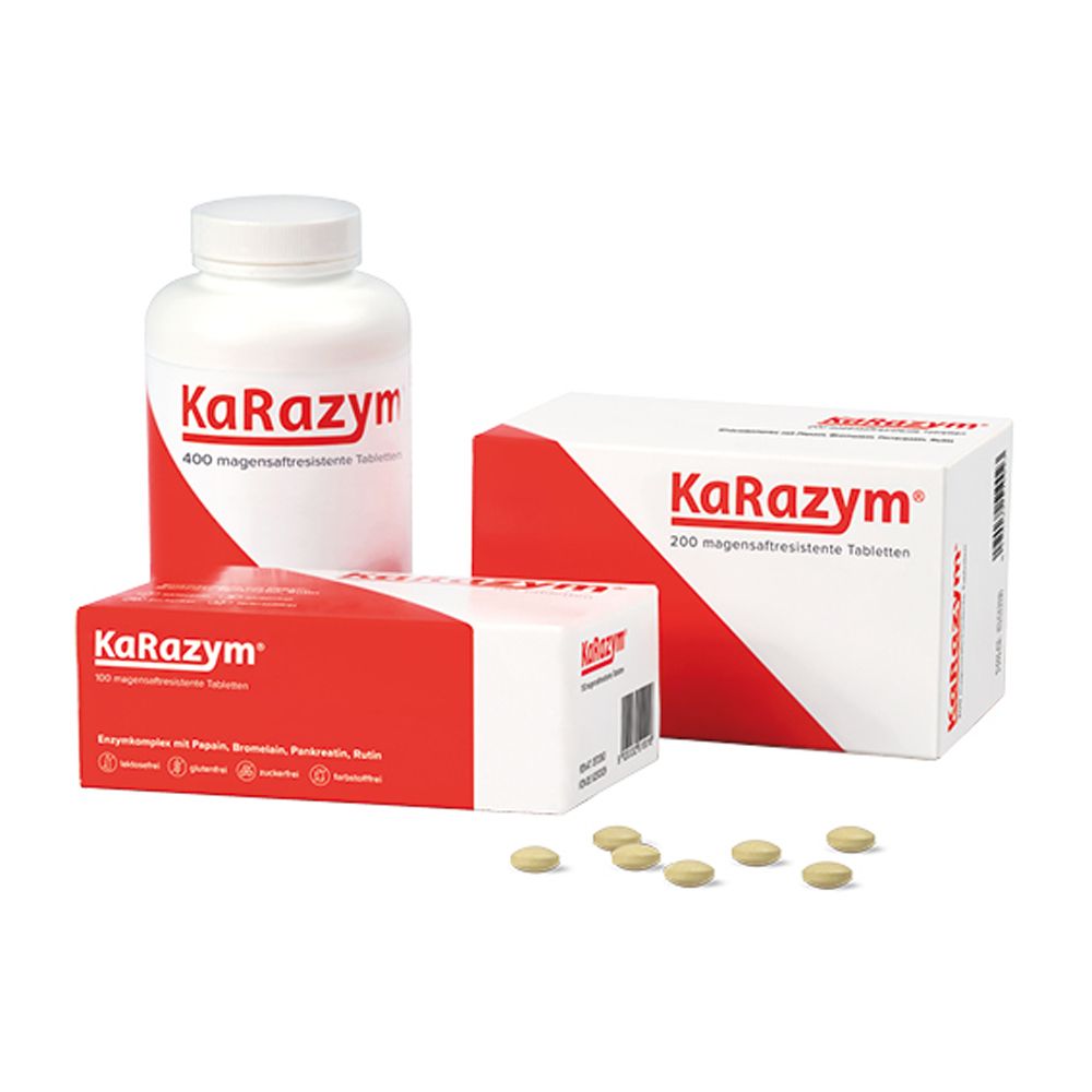Verschiedene KaRazym®-Verpackungen und Tabletten. Enthält 400 und 200 magensaftresistente Tabletten. Frei von Laktose, Gluten, Zucker und Farbstoffen.