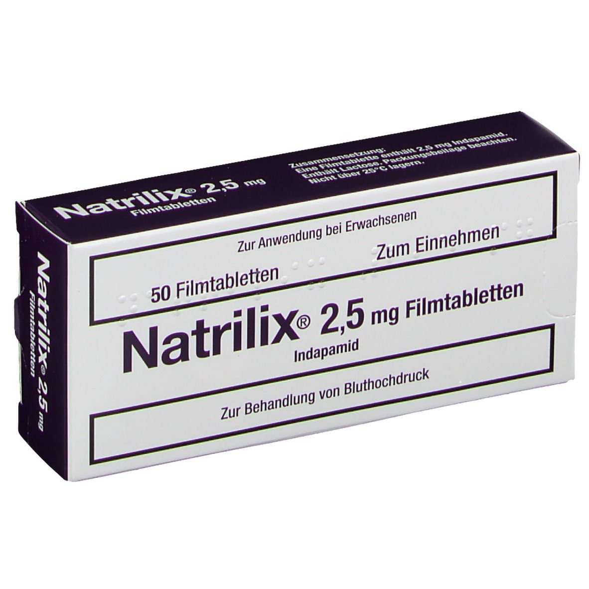 Schachtel mit Natrilix® 2,5 mg Filmtabletten. Aufschrift: 50 Filmtabletten, Indapamid. Für Erwachsene. Zur Behandlung von Bluthochdruck.