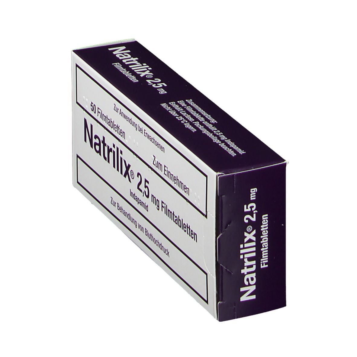 Schachtel mit Natrilix® 2,5 mg Filmtabletten. Aufschrift: 50 Filmtabletten, Indapamid. Für Erwachsene. Zur Behandlung von Bluthochdruck.