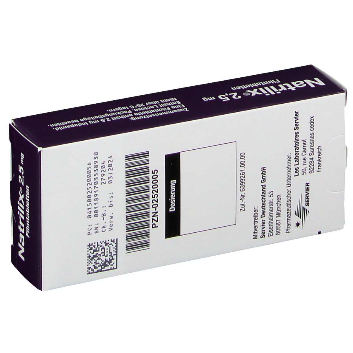 Schachtel mit Natrilix® 2,5 mg Filmtabletten. Aufschrift: 50 Filmtabletten, Indapamid. Für Erwachsene. Zur Behandlung von Bluthochdruck.