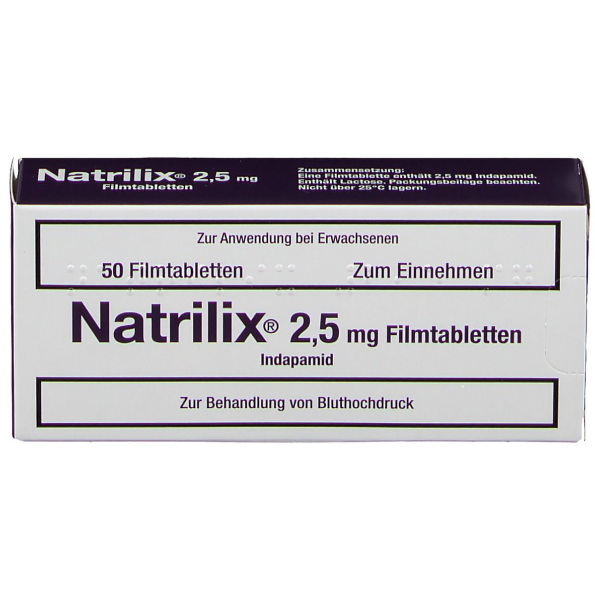 Schachtel mit Natrilix® 2,5 mg Filmtabletten. Aufschrift: 50 Filmtabletten, Indapamid. Für Erwachsene. Zur Behandlung von Bluthochdruck.