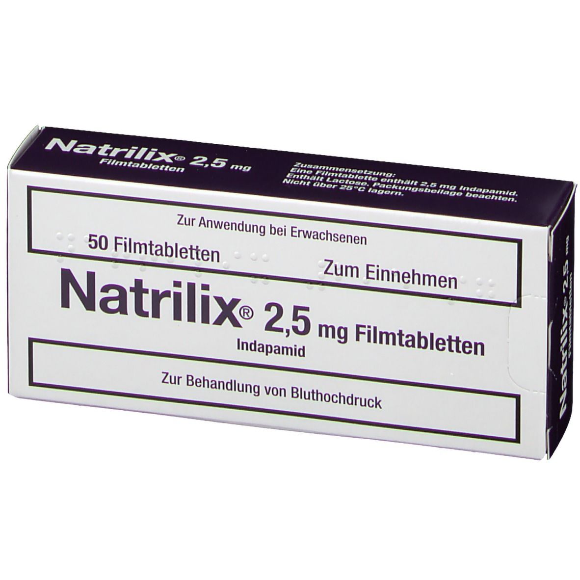 Schachtel mit Natrilix® 2,5 mg Filmtabletten. Aufschrift: 50 Filmtabletten, Indapamid. Für Erwachsene. Zur Behandlung von Bluthochdruck.