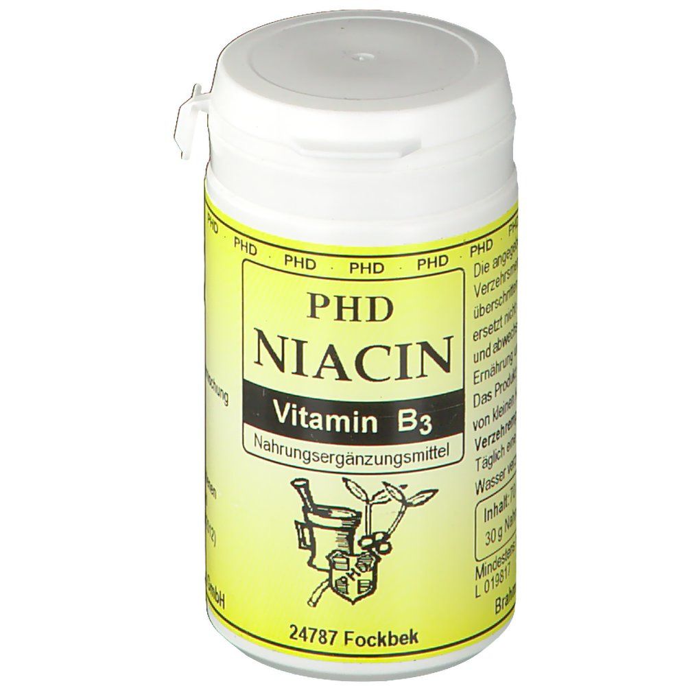 Weiße Dose mit gelbem Etikett. Aufschrift: PHD Niacin Vitamin B3. Nahrungsergänzungsmittel. Deckel mit Klappverschluss.