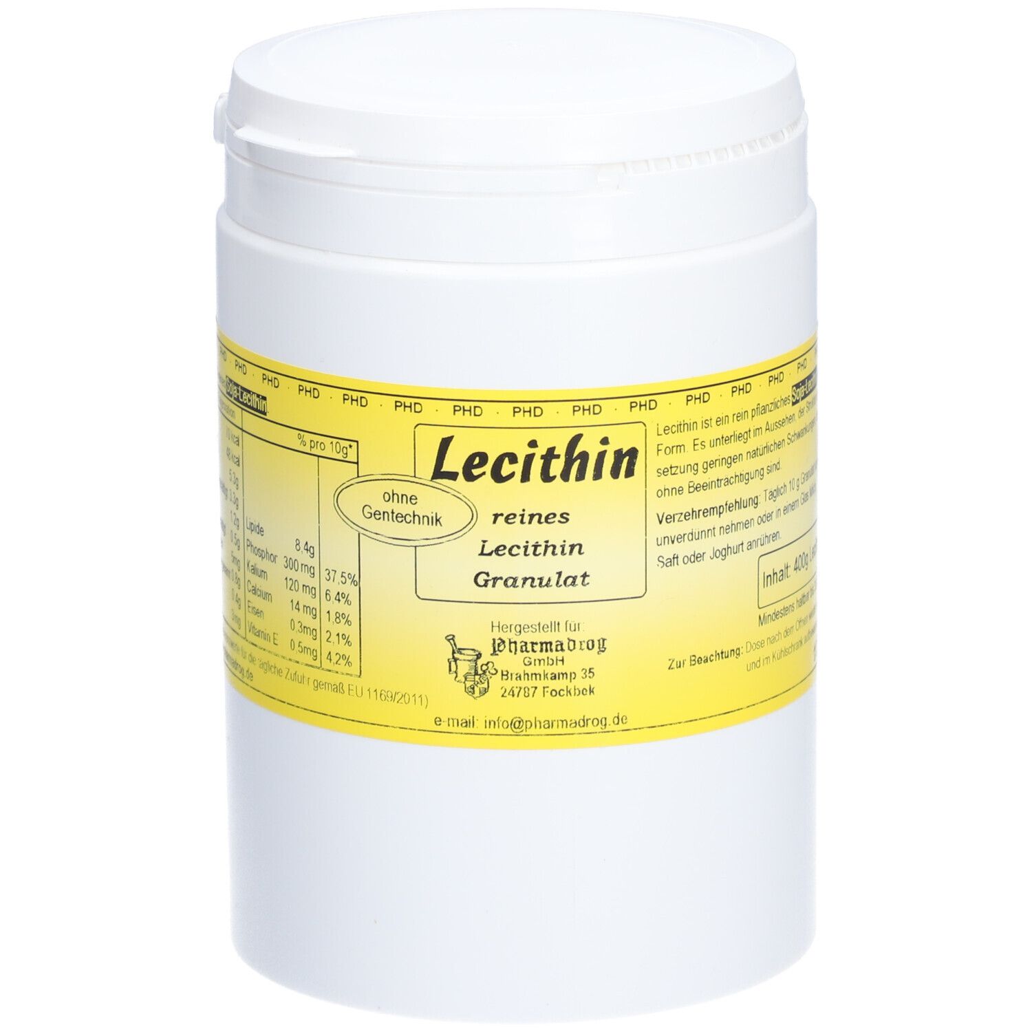 Weißes Lecithin-Granulat in einem zylindrischen Behälter mit gelbem Etikett. Auf dem Etikett steht "Lecithin Granulat".