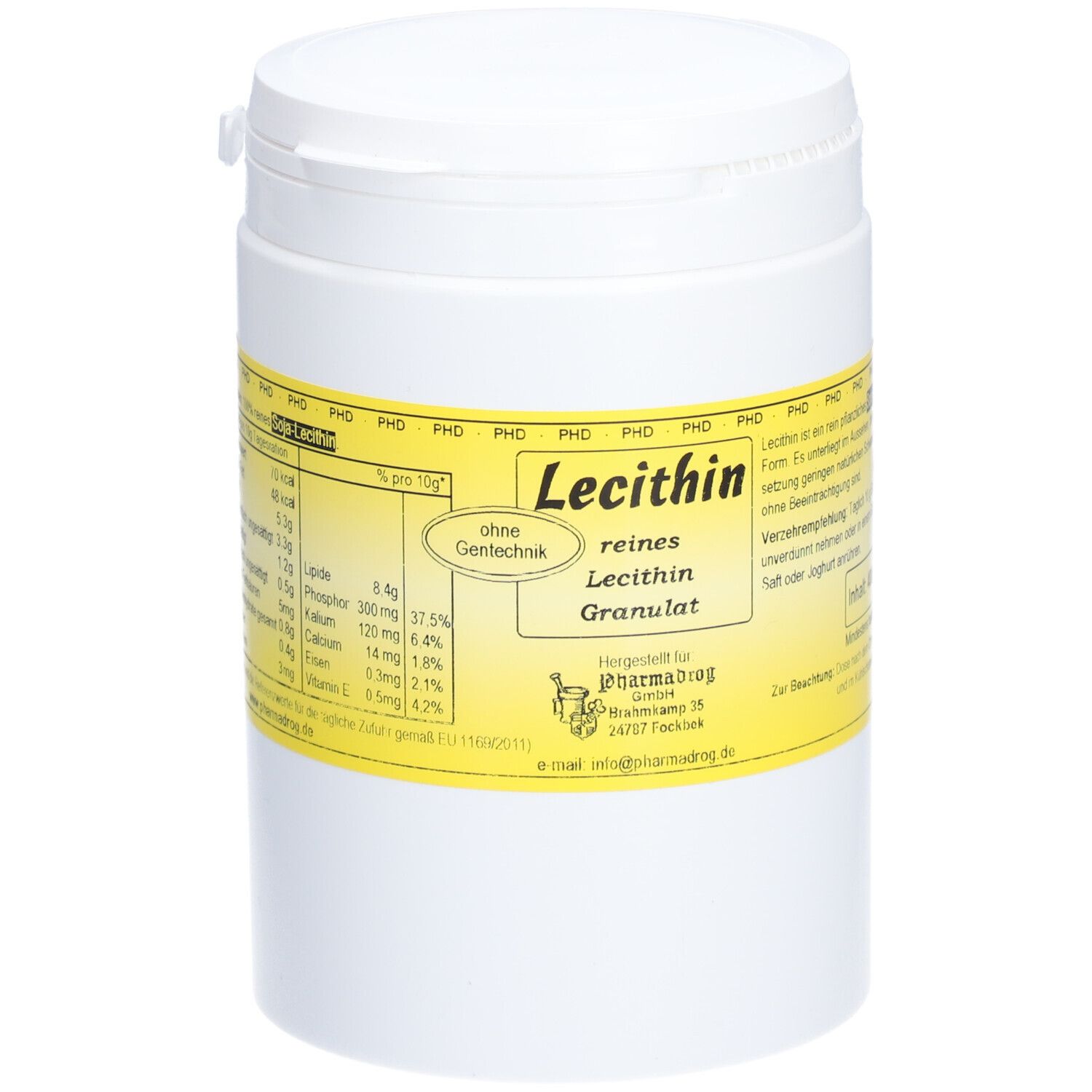 Weißer zylindrischer Behälter mit gelbem Etikett. Auf dem Etikett steht "Lecithin Granulat" und Nährwertangaben.