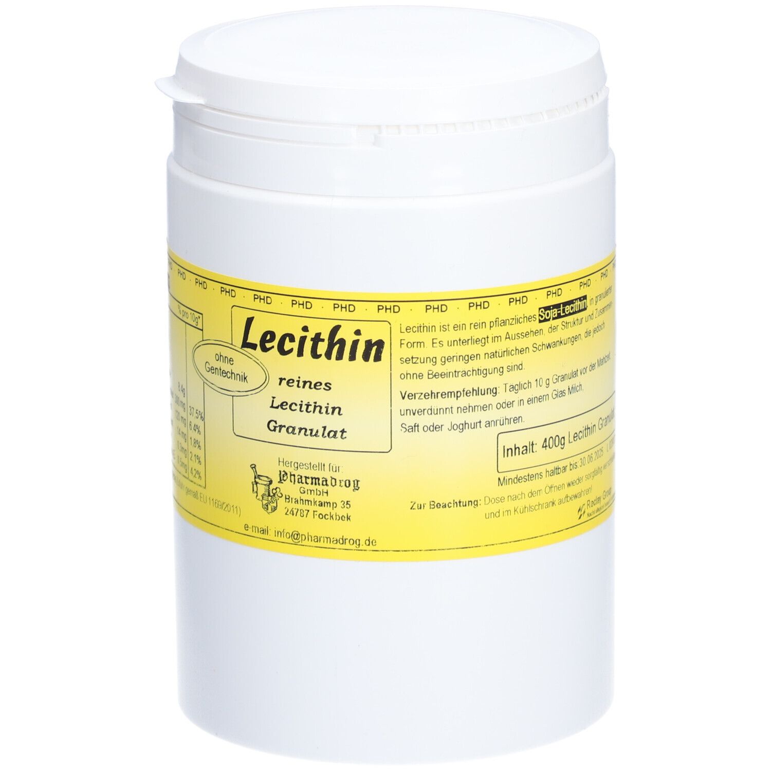 Weißer zylindrischer Behälter mit gelbem Etikett. Auf dem Etikett steht "Lecithin Granulat" und "400g".