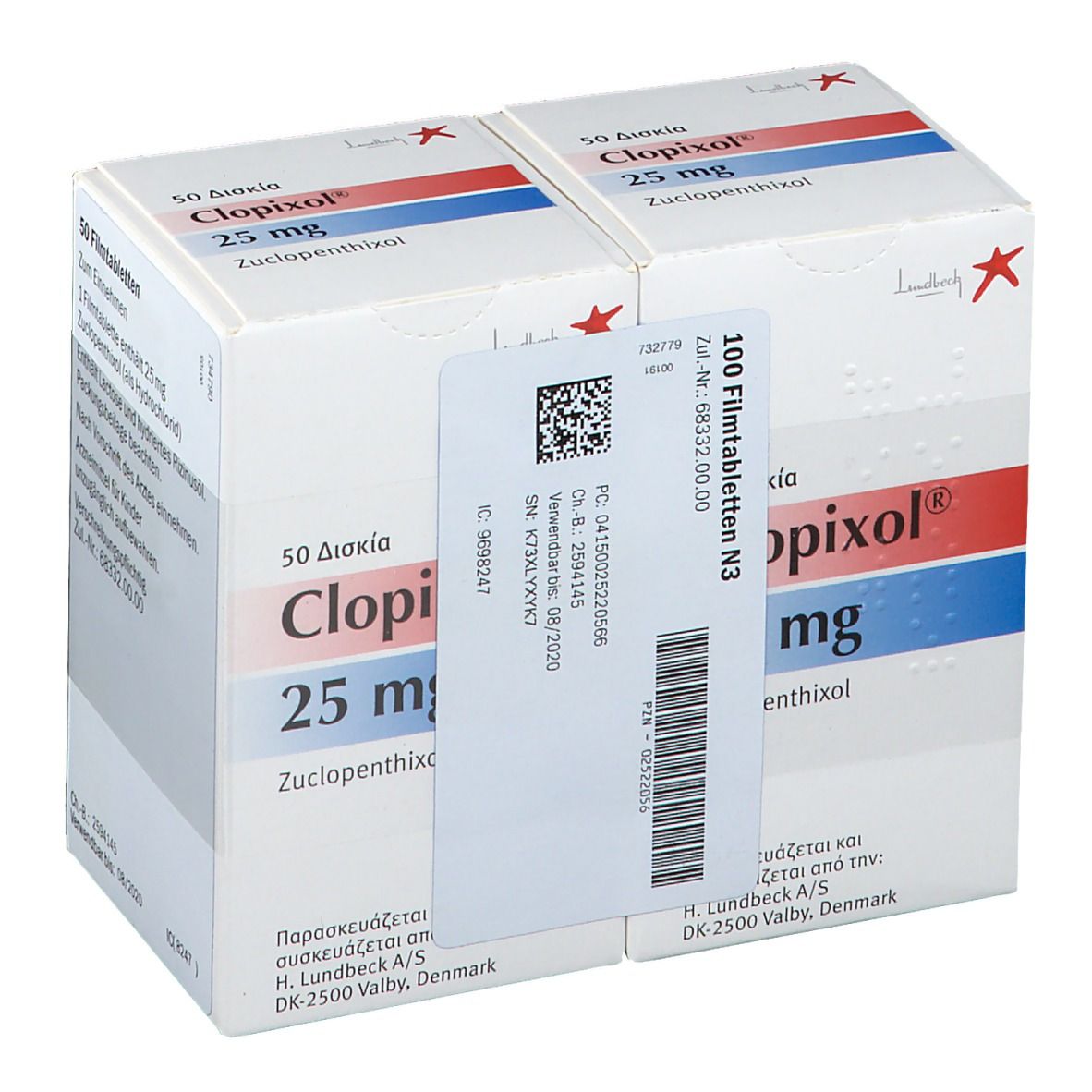Zwei Kartons Clopixol 25 mg. Aufdrucke: 50 Filmtabletten, 25 mg, Zucclopenthixol. Mit Aufkleber: 100 Filmtabletten N3.