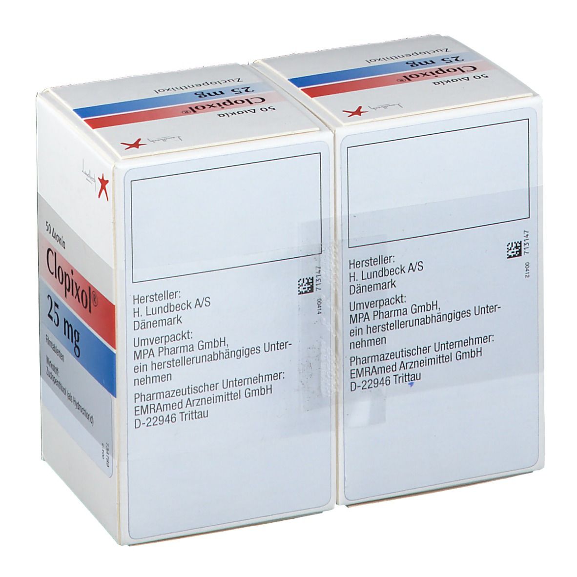 Zwei Kartons Clopixol 25 mg. Aufdrucke: 50 Filmtabletten, 25 mg, Zucclopenthixol. Herstellerinformationen.