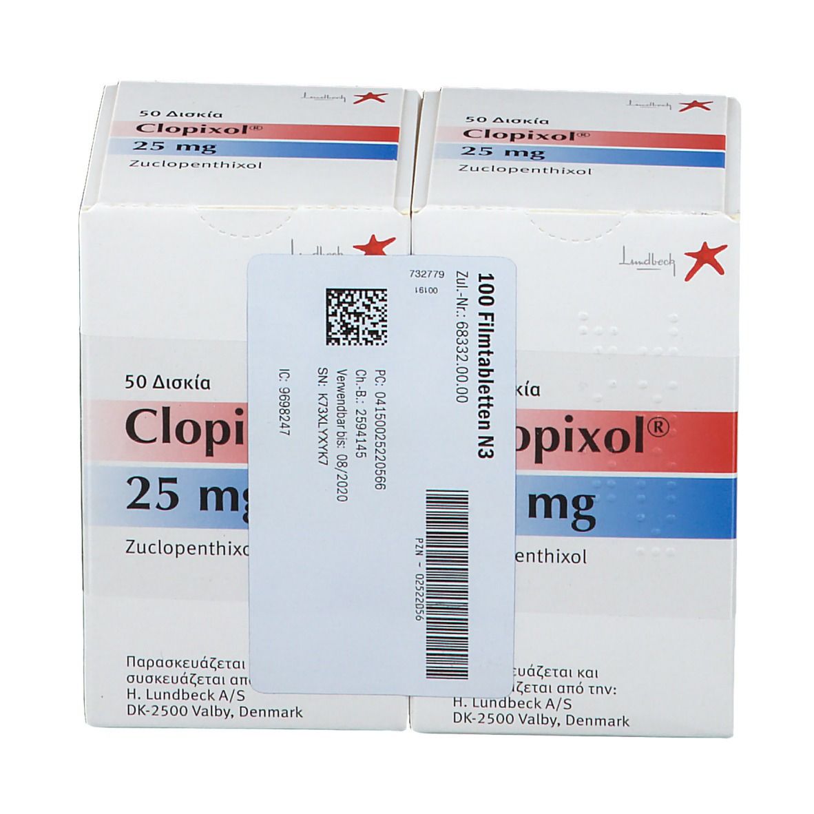 Zwei Kartons Clopixol 25 mg. Aufdrucke: 50 Filmtabletten, 25 mg, Zucclopenthixol. Mit Aufkleber: 100 Filmtabletten N3.
