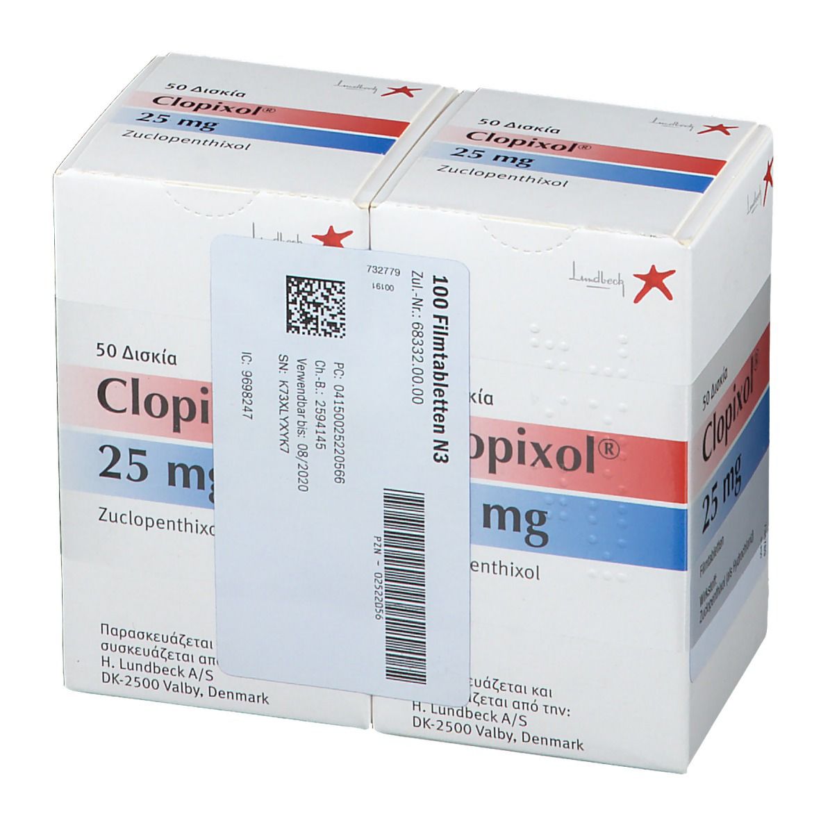 Zwei Kartons Clopixol 25 mg. Aufdrucke: 50 Filmtabletten, 25 mg, Zucclopenthixol. Mit Aufkleber: 100 Filmtabletten N3.