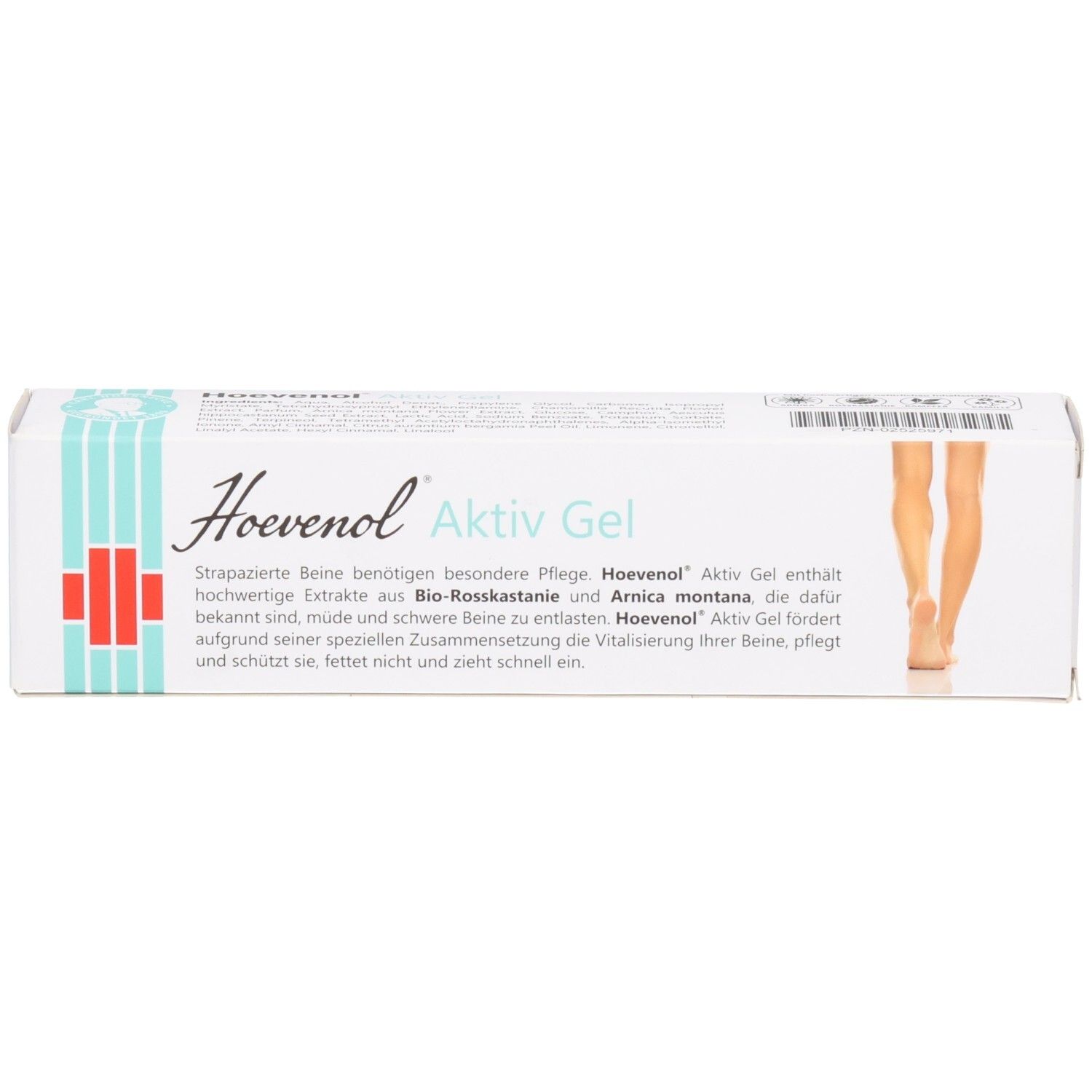 Schachtel Hoevenol Aktiv Gel. Produktname, Bein-Illustration und Text. Enthält Extrakte aus Rosskastanie und Arnika Montana.