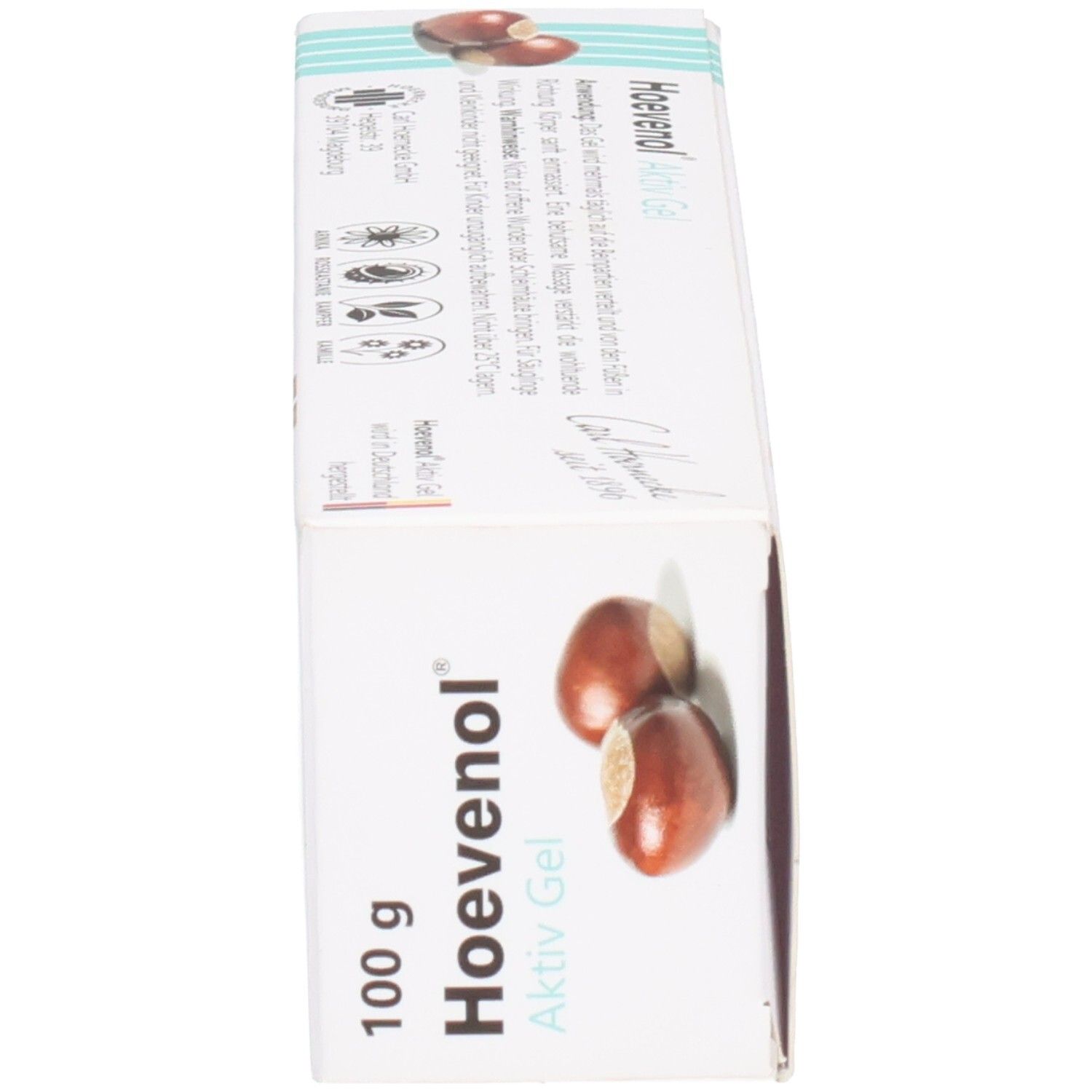 Seitenansicht der Schachtel Hoevenol Aktiv Gel. Produktname, 100 g, Rosskastanien-Motiv und Zertifizierungen.