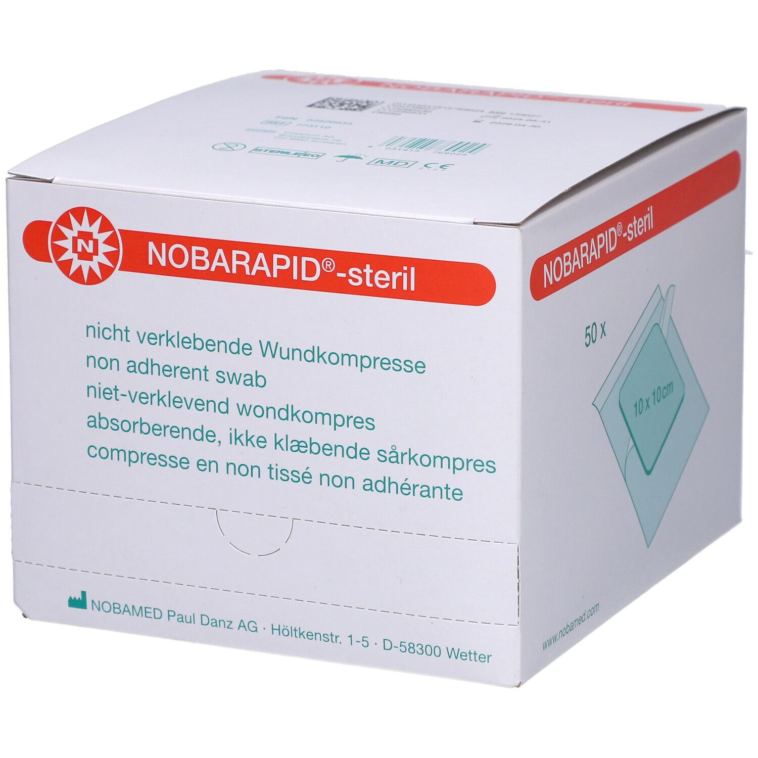 Verpackung NOBARAPID®-steril, nicht klebende Wundkompressen. Box mit Produktinformationen und Logo.