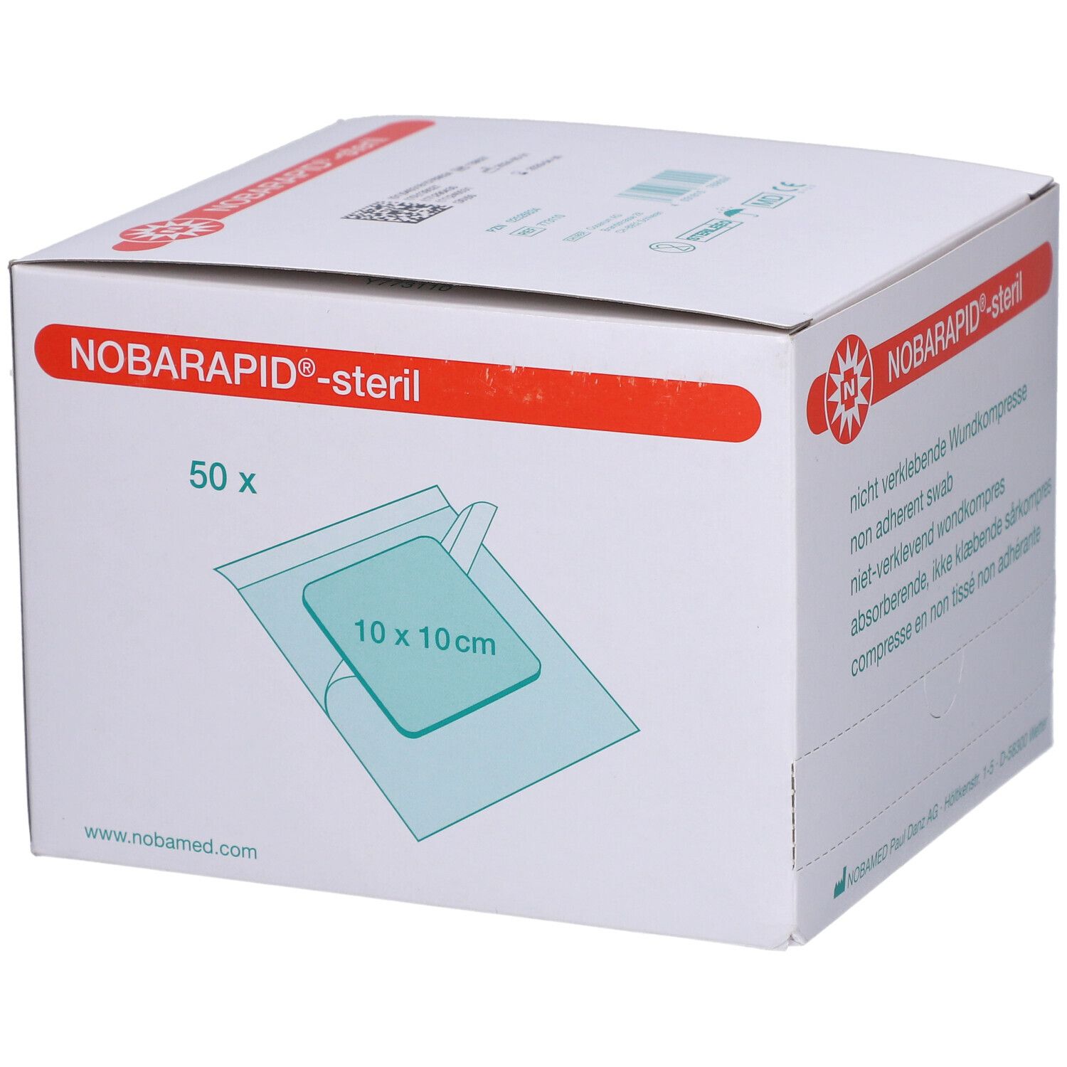 Box NOBARAPID®-steril mit 50 Kompressen. Einzelne Kompresse in Folie, 10x10 cm.