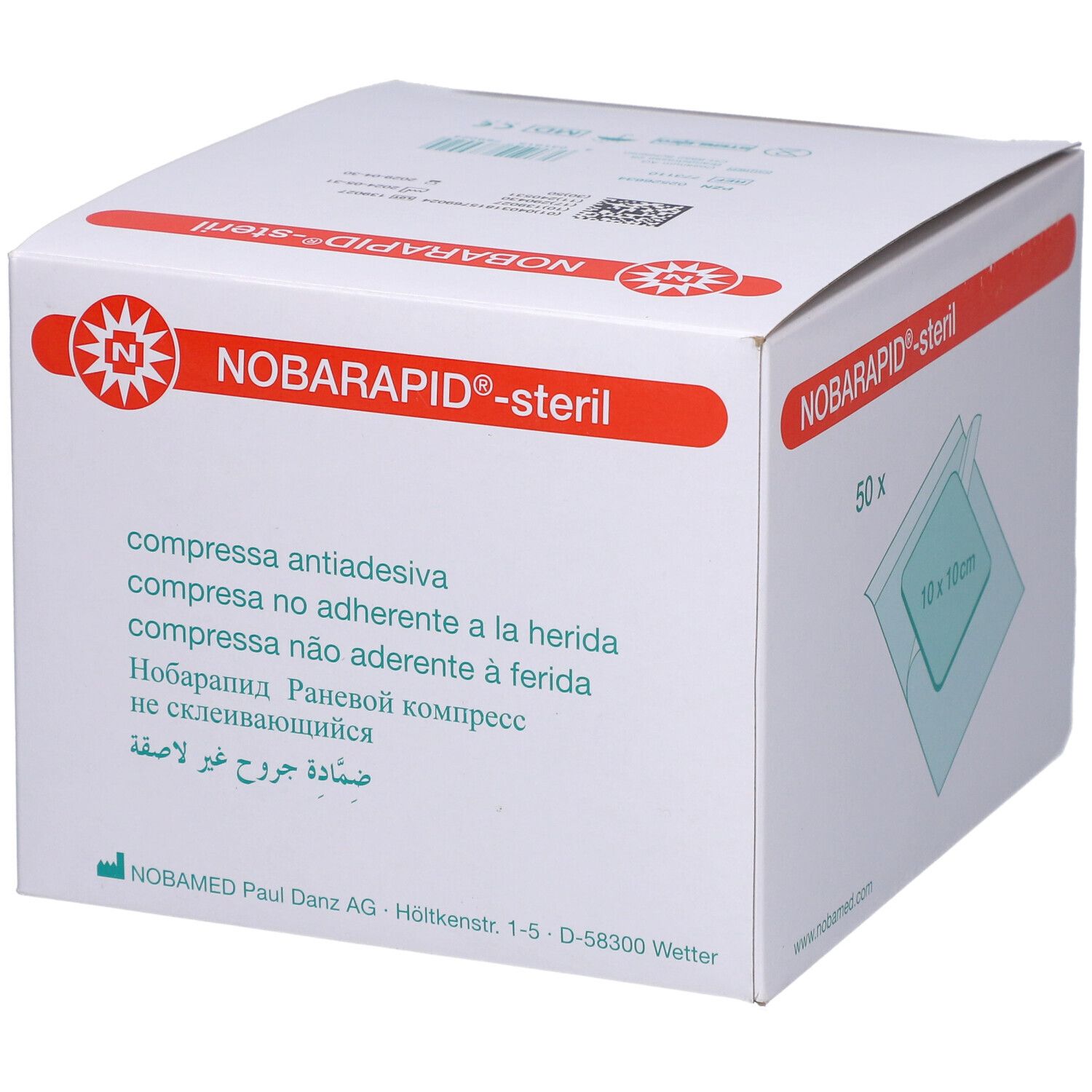 Box NOBARAPID®-steril mit Produktinformationen in verschiedenen Sprachen. Logo und Produktname.