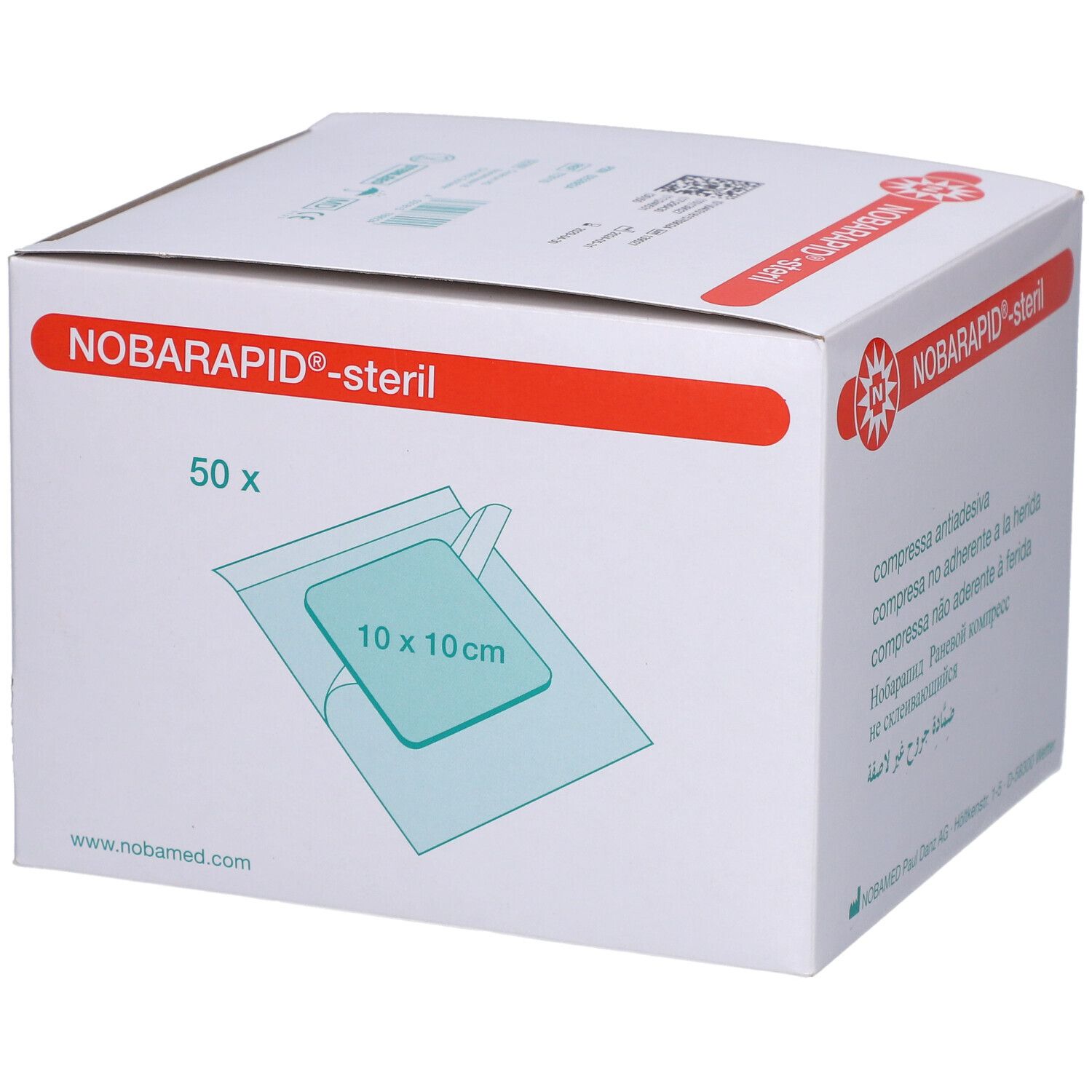 Box NOBARAPID®-steril mit 50 Kompressen. Einzelne Kompresse in Folie, 10x10 cm.