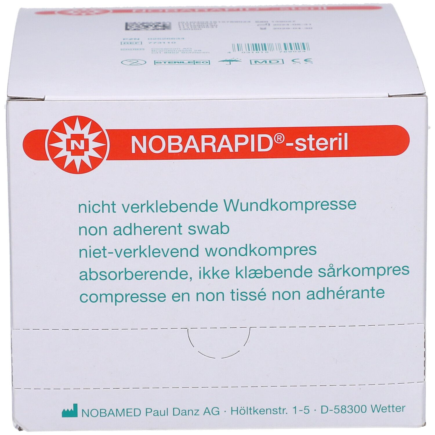 Box NOBARAPID®-steril mit Produktinformationen. Logo und Produktname.