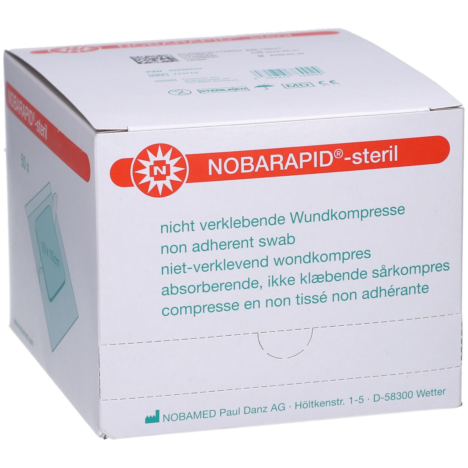 Box NOBARAPID®-steril mit Produktinformationen. Logo und Produktname.