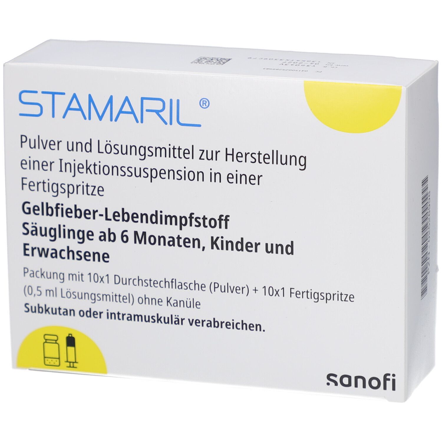 Weiße Schachtel mit STAMARIL-Logo. Text: Pulver und Lösungsmittel zur Herstellung einer Injektionssuspension. Gelbfieber-Lebendimpfstoff.