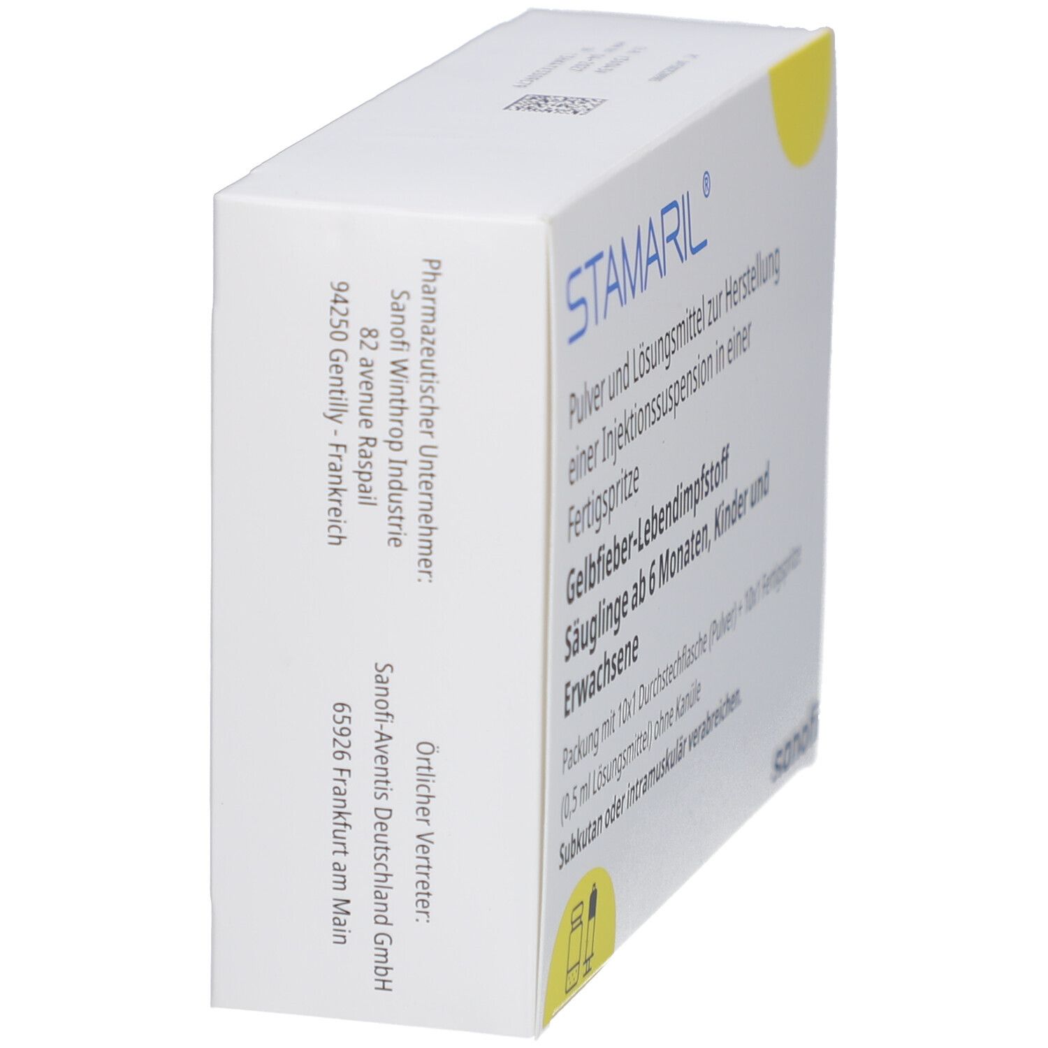 Weiße Schachtel, Seitenansicht. Text: STAMARIL, Pharmazeutischer Unternehmer, Örtlicher Vertreter.