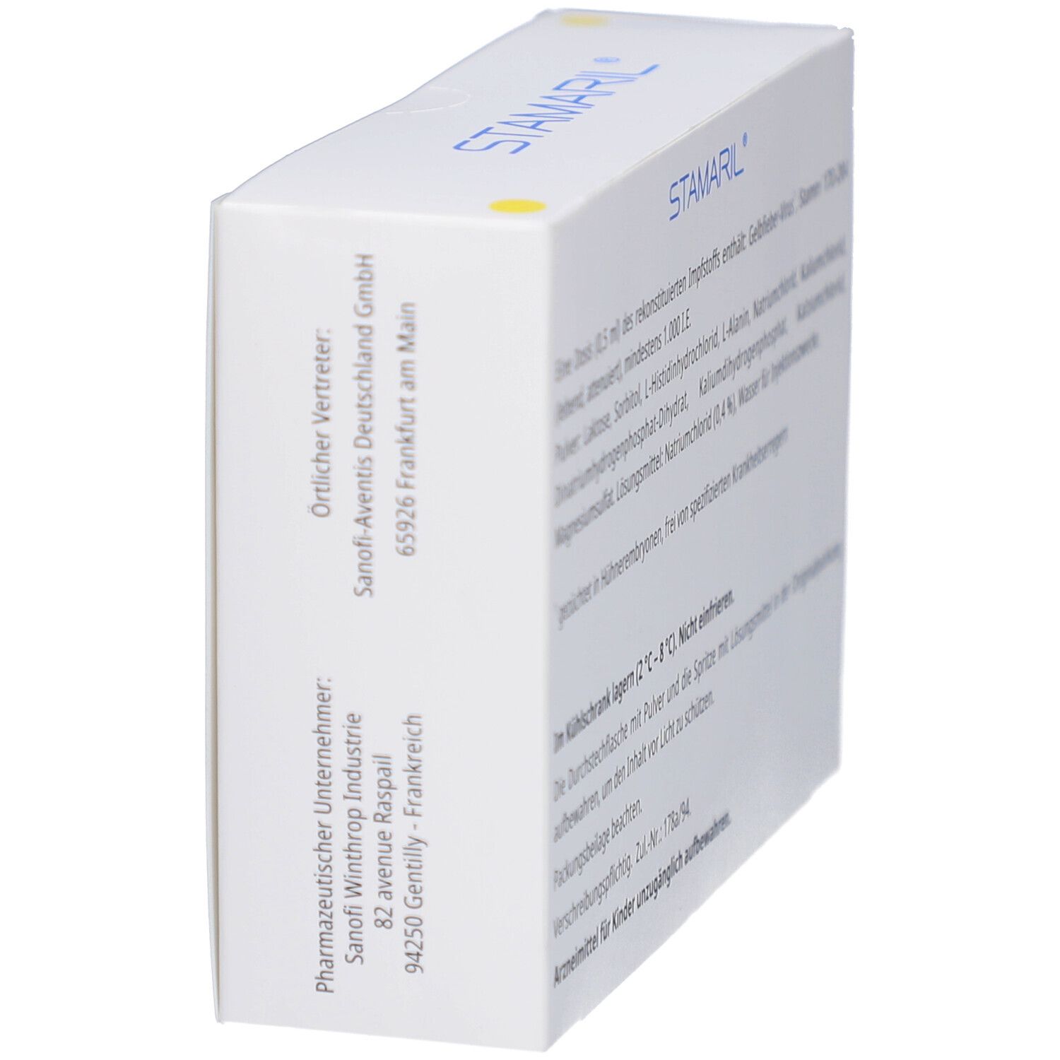 Weiße Schachtel, Seitenansicht. Text: STAMARIL, Inhaltsstoffe, Lagerungshinweise.