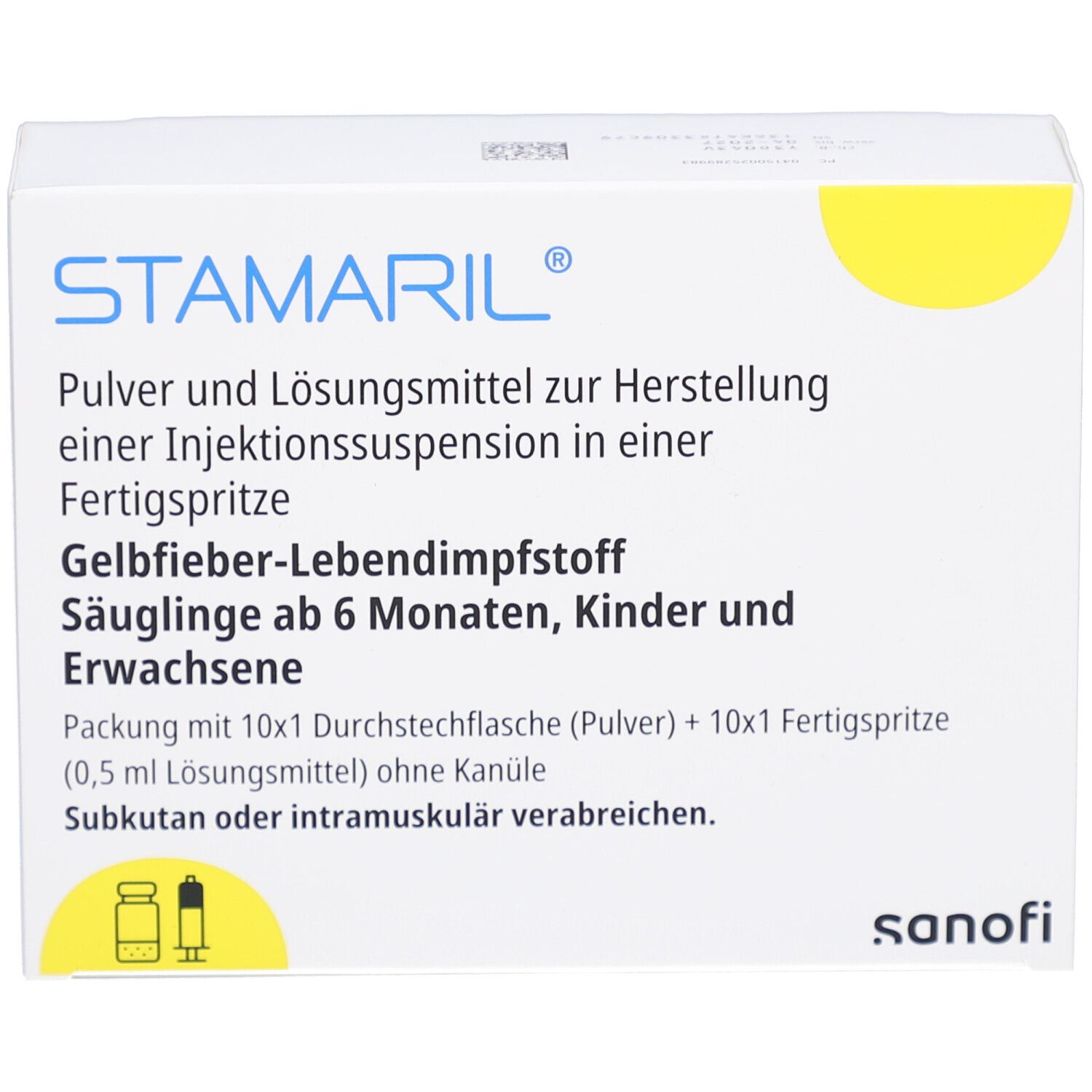 Weiße Schachtel mit STAMARIL-Logo. Text: Pulver und Lösungsmittel zur Herstellung einer Injektionssuspension. Gelbfieber-Lebendimpfstoff.