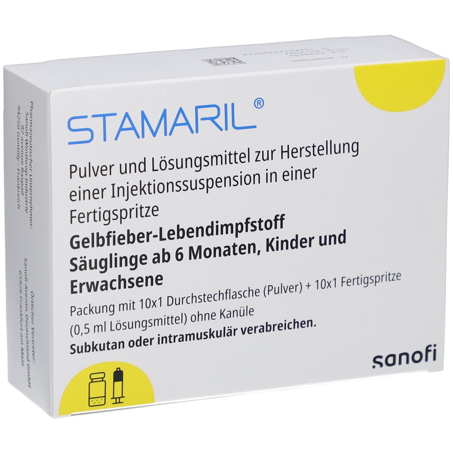 Weiße Schachtel mit STAMARIL-Logo. Text: Pulver und Lösungsmittel zur Herstellung einer Injektionssuspension. Gelbfieber-Lebendimpfstoff.