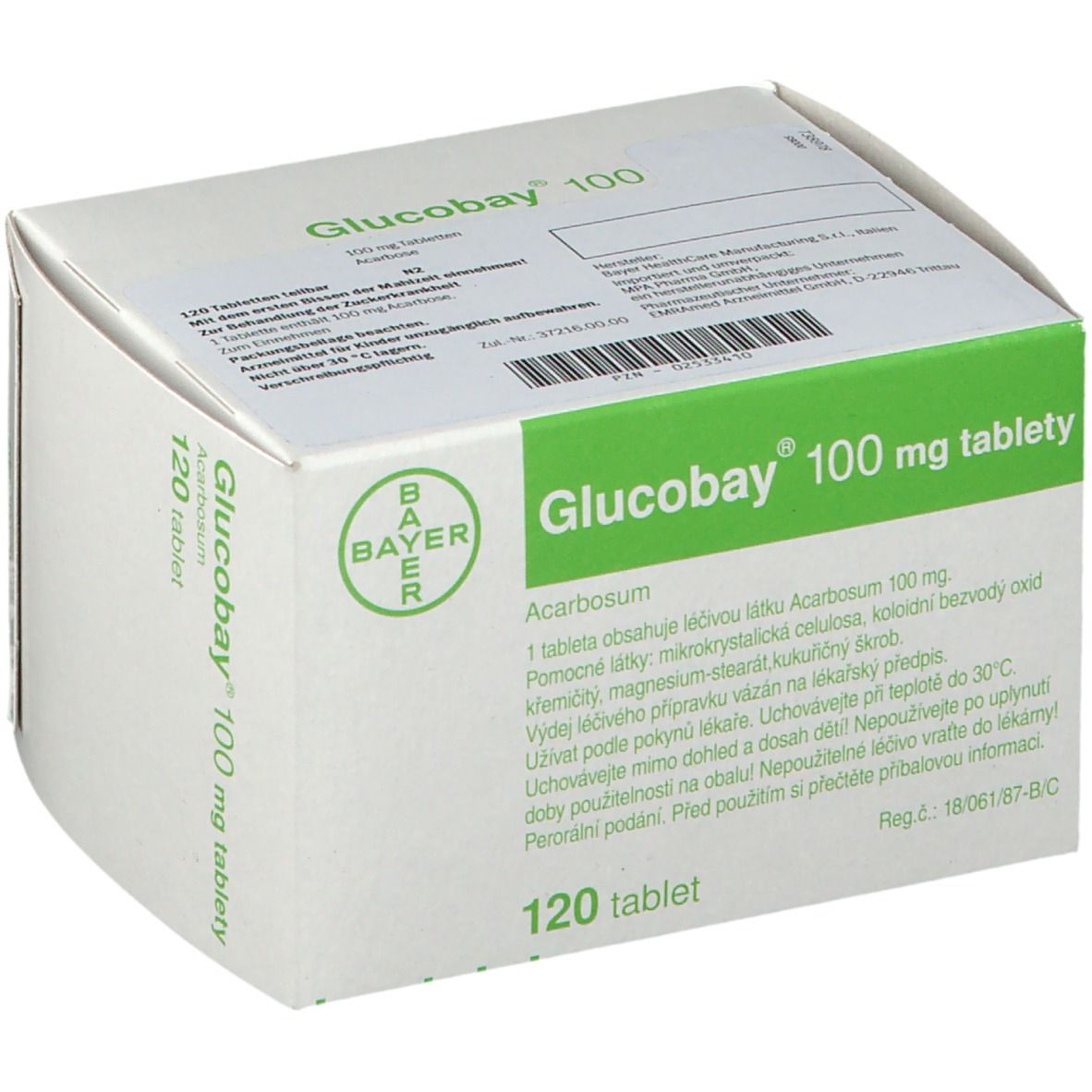 Schachtel Glucobay 100 mg Tabletten. Bayer-Logo. Grüne und weiße Verpackung. 120 Tabletten.