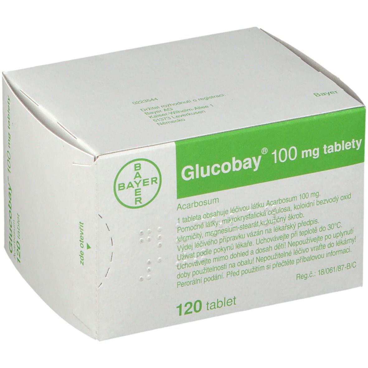 Glucobay 100 mg Tabletten-Schachtel. Bayer-Logo. Weiße Verpackung mit grünen Akzenten. 120 Tabletten.