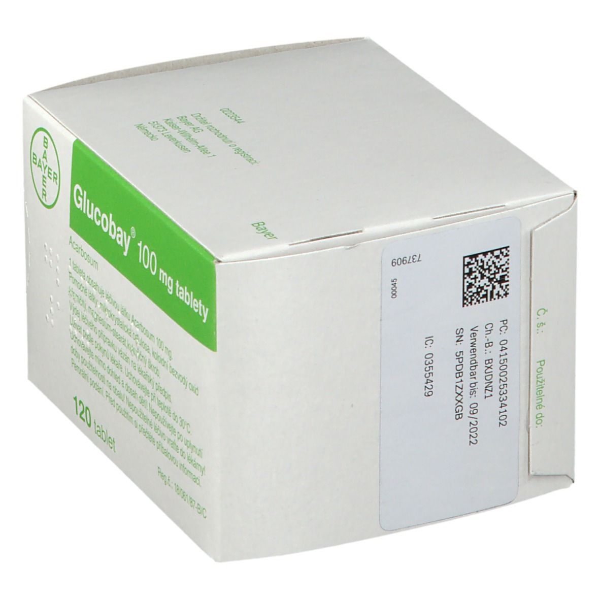 Glucobay 100 mg Tabletten-Schachtel. Bayer-Logo. Weiße Verpackung mit grünen Akzenten. 120 Tabletten.