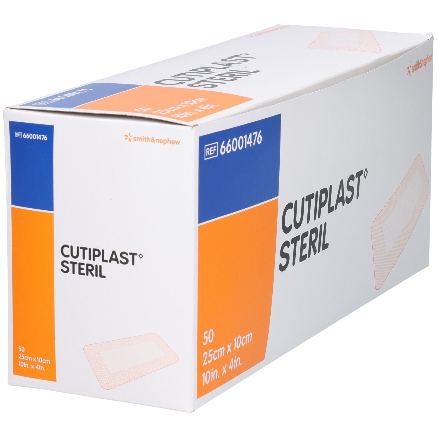 CULTIPLAST® STERIL Verpackung. 50 Stück, 25cm x 10cm. Marke Smith & Nephew. Orange und blaue Bereiche auf der Verpackung.