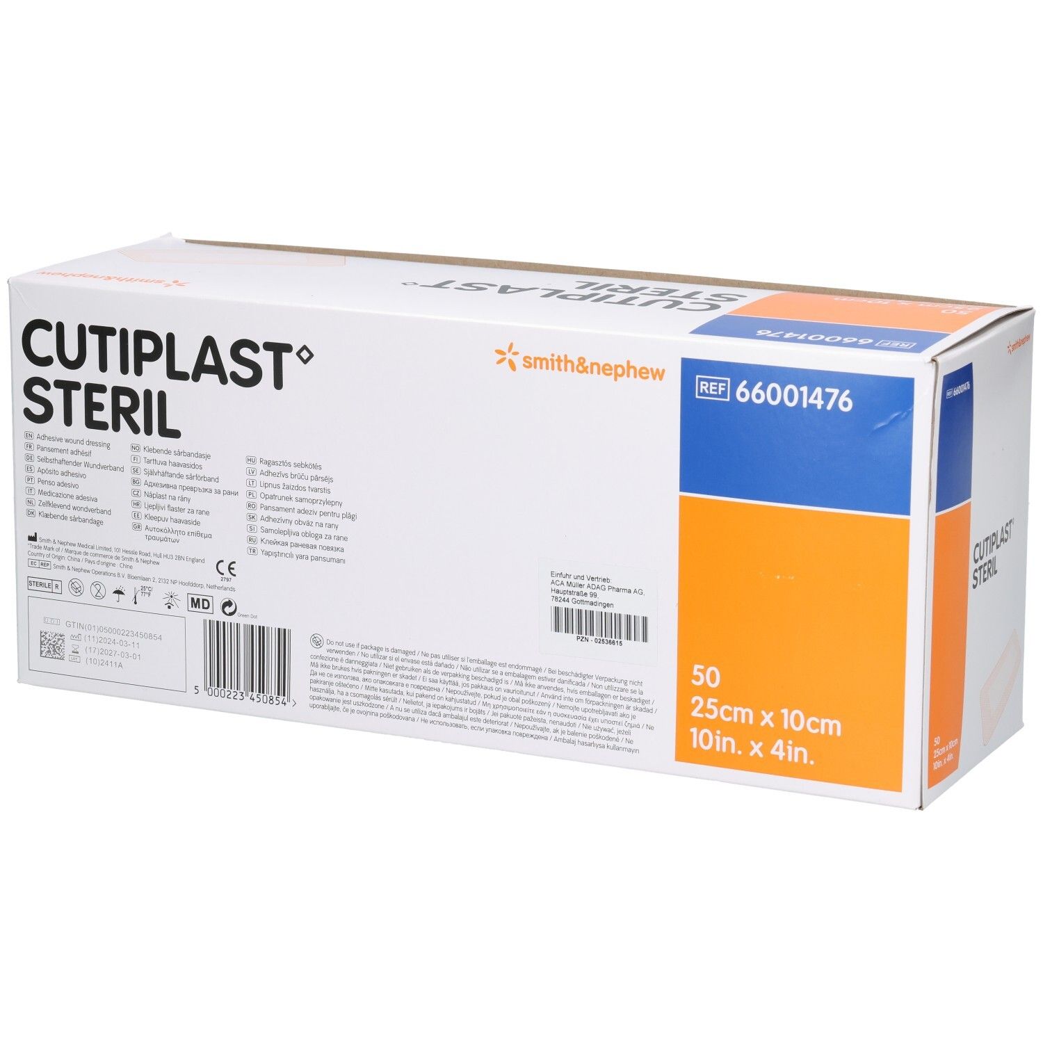 CULTIPLAST® STERIL Verpackung. 50 Stück, 25cm x 10cm. Smith & Nephew. Rückseite mit Text und CE-Kennzeichnung.