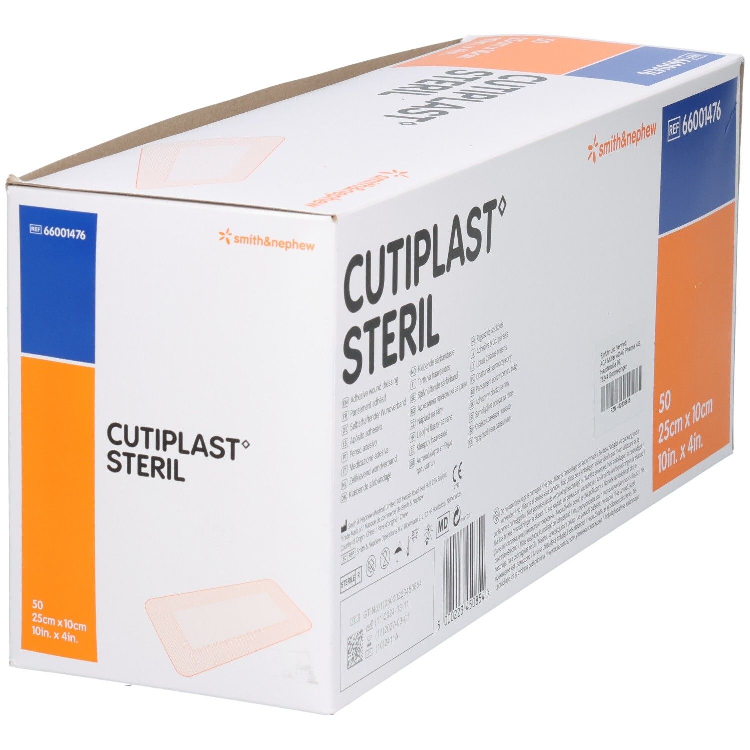 CULTIPLAST® STERIL Verpackung. 50 Stück, 25cm x 10cm. Smith & Nephew. Verpackung mit Text und CE-Kennzeichnung.