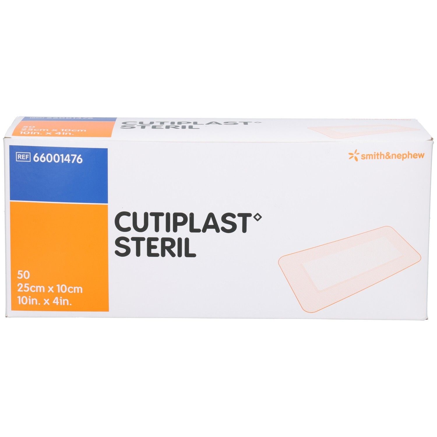 CULTIPLAST® STERIL Verpackung. 50 Stück, 25cm x 10cm. Marke Smith & Nephew. Weiße Verpackung mit orangefarbenen Akzenten.