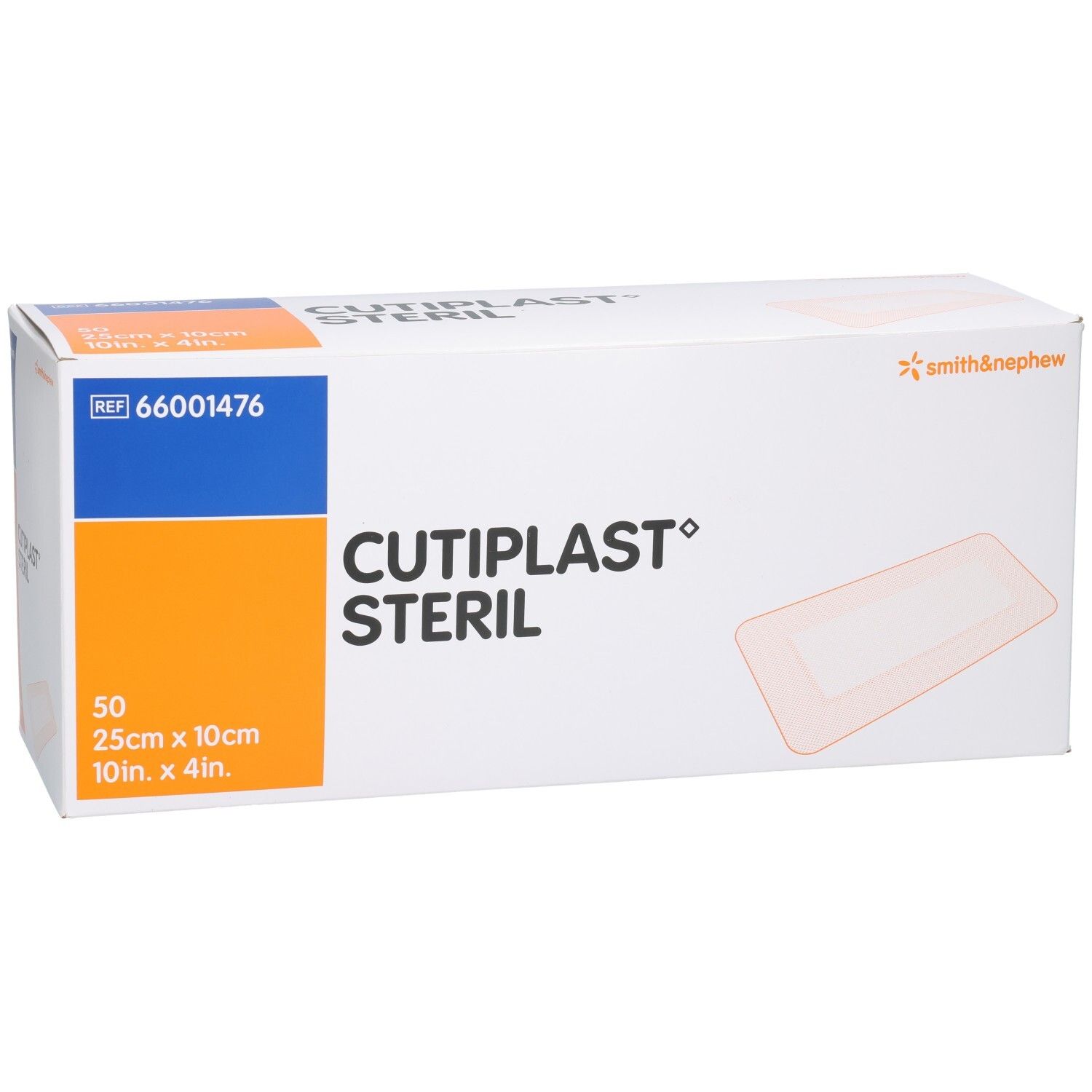 CULTIPLAST® STERIL Verpackung. 50 Stück, 25cm x 10cm. Marke Smith & Nephew. Weiße Verpackung mit orangefarbenen Bereichen.