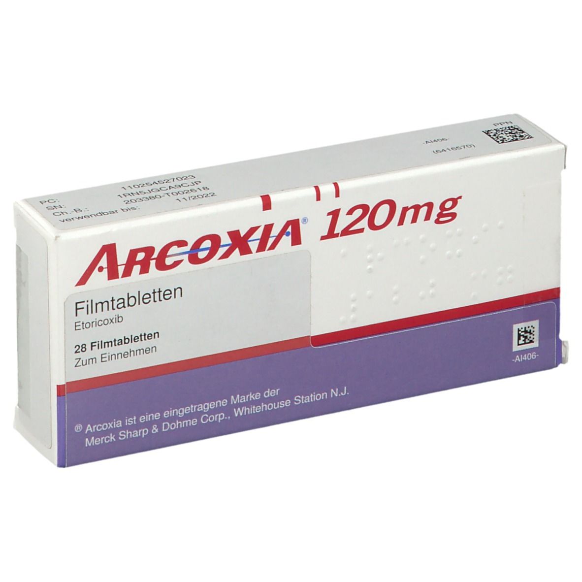 Schachtel ARCOXIA 120 mg Filmtabletten. Weiß, rot und lila. Text: "Filmtabletten", "Etoricoxib".