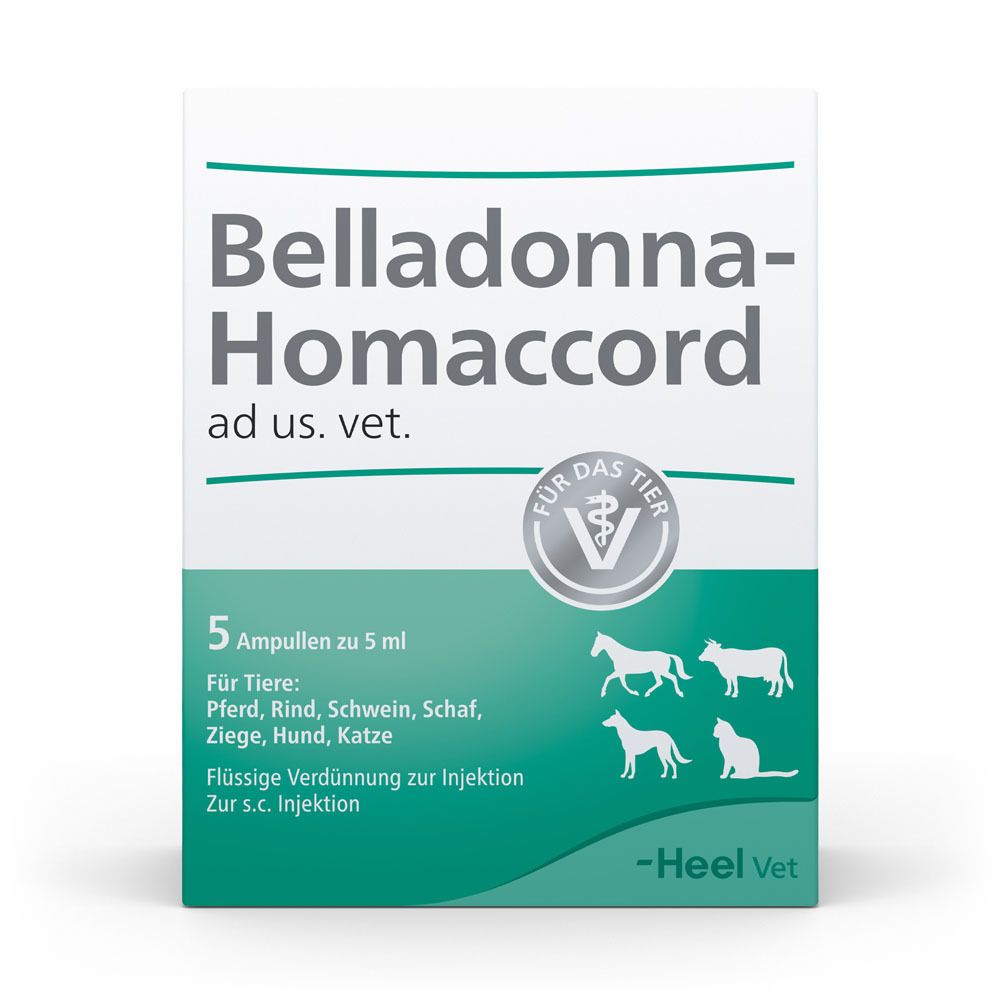 Verpackung von Belladonna-Homaccord ad us. vet. mit 5 Ampullen. Grün-weiße Schachtel mit Text und Tierabbildungen.