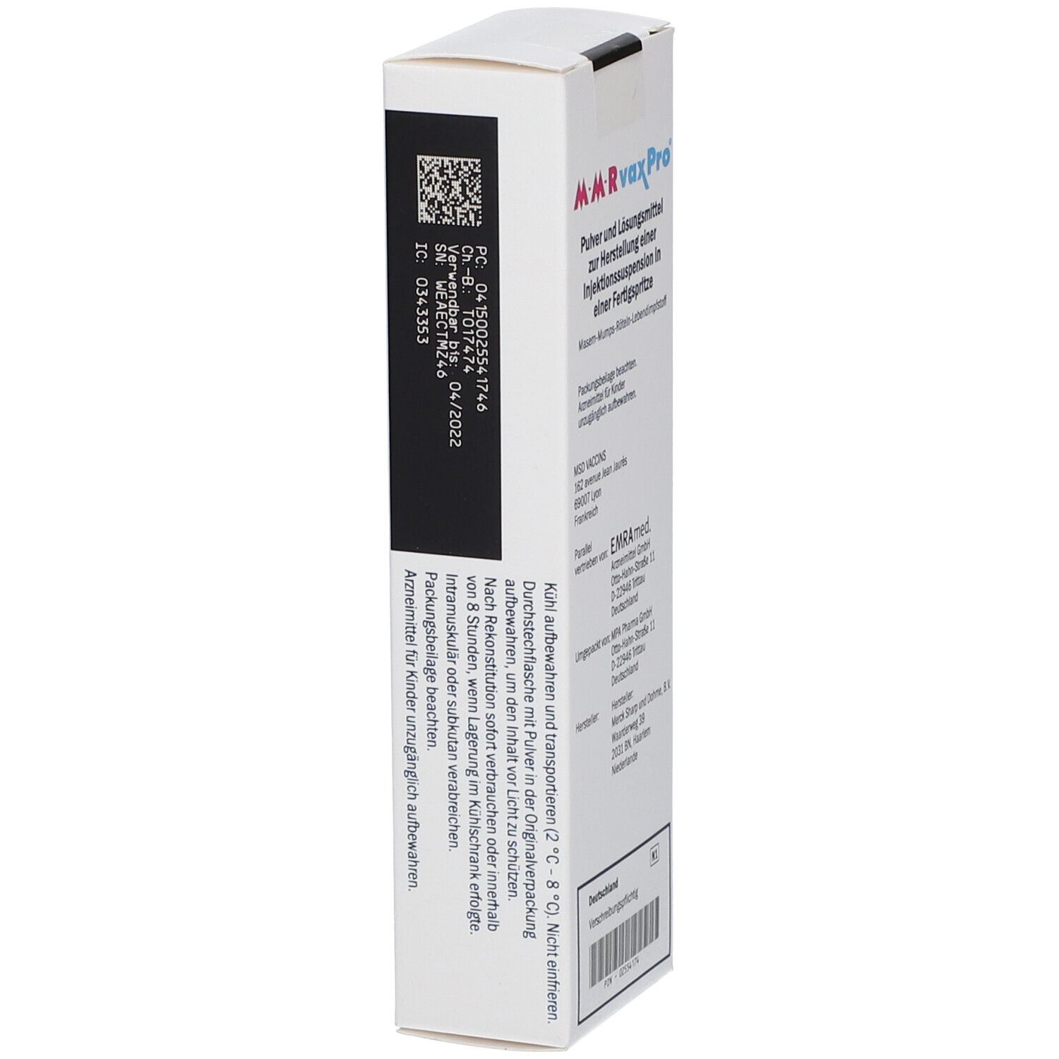 Weiße Verpackung mit M-M-R vaxPro-Schriftzug. Text: Pulver und Lösungsmittel zur Herstellung einer Injektionssuspension. Barcode und Text.