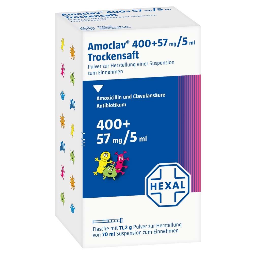 Verpackung von Amoclav Trockensaft. Enthält 400+57 mg/5 ml. Mit Hexal-Logo und kindlichen Figuren.