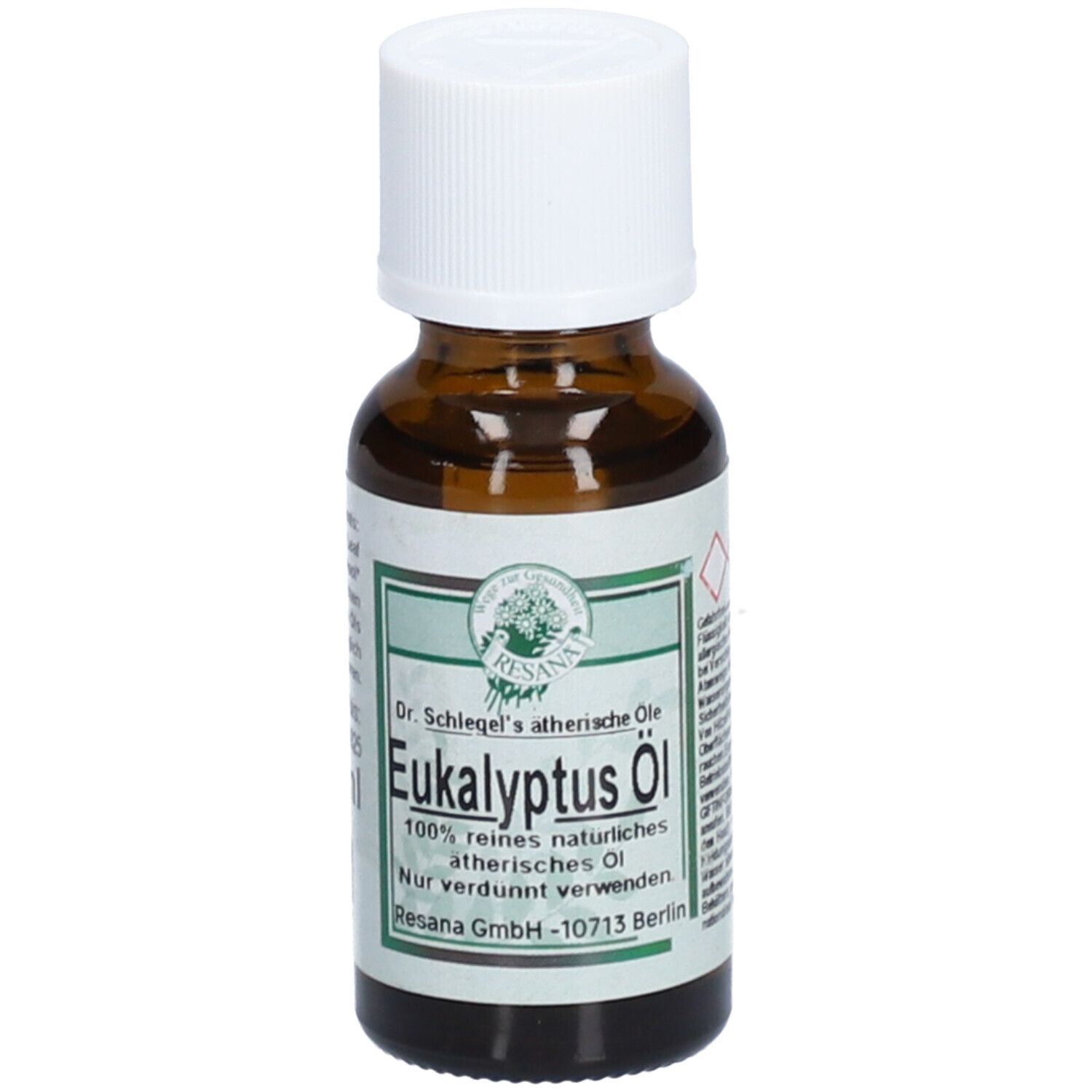 Braune Glasflasche mit weißem Deckel. Etikett mit Produktname und Logo. RESANA® Eucalyptusöl.