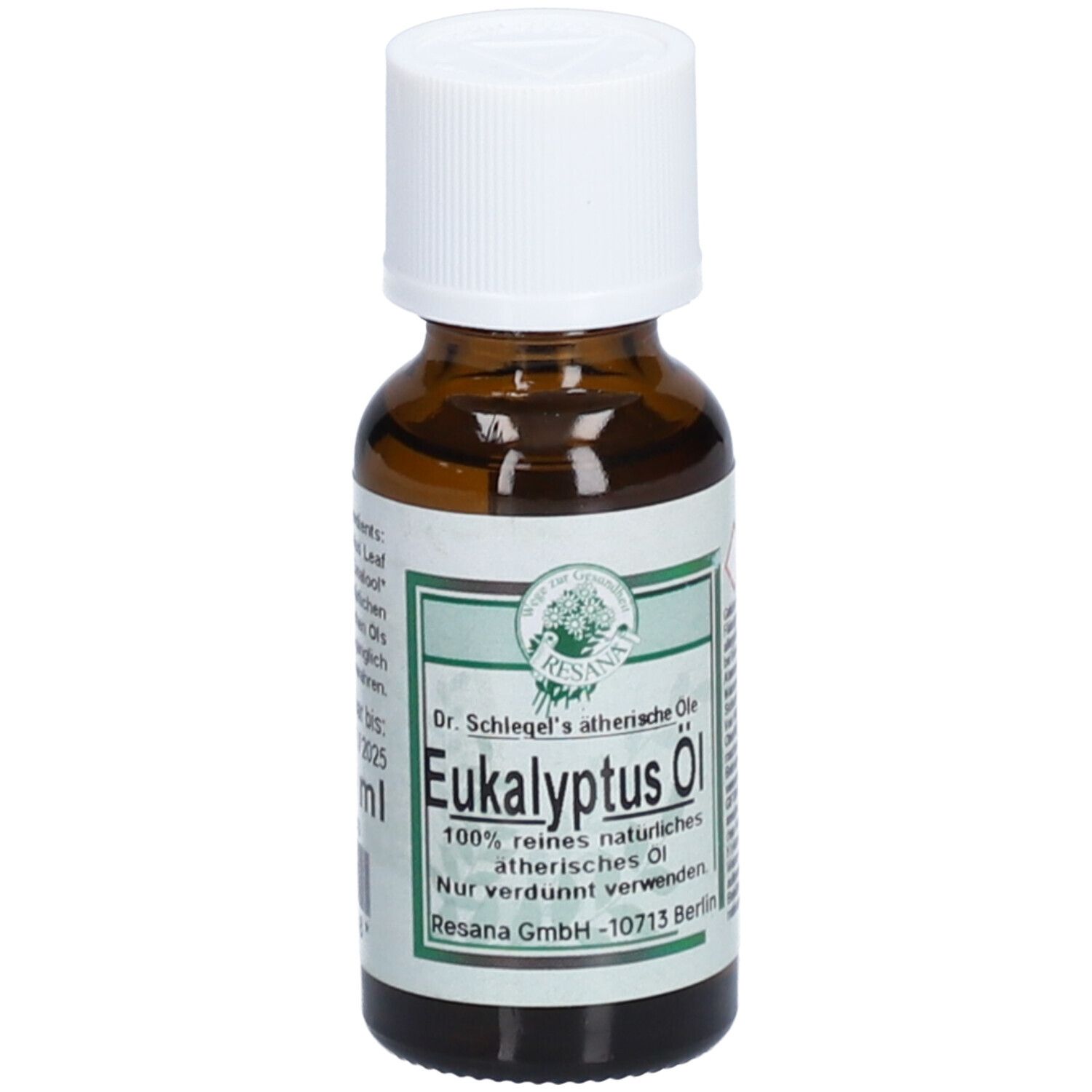 Braune Glasflasche mit weißem Deckel. Etikett mit Produktname und Logo. RESANA® Eucalyptusöl.
