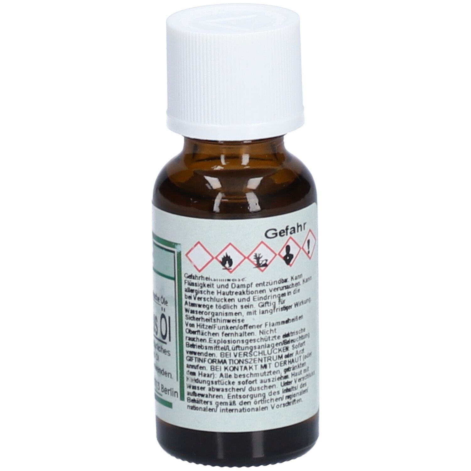 Braune Glasflasche mit weißem Deckel. Etikett mit Gefahrensymbolen und Text. RESANA® Eucalyptusöl.