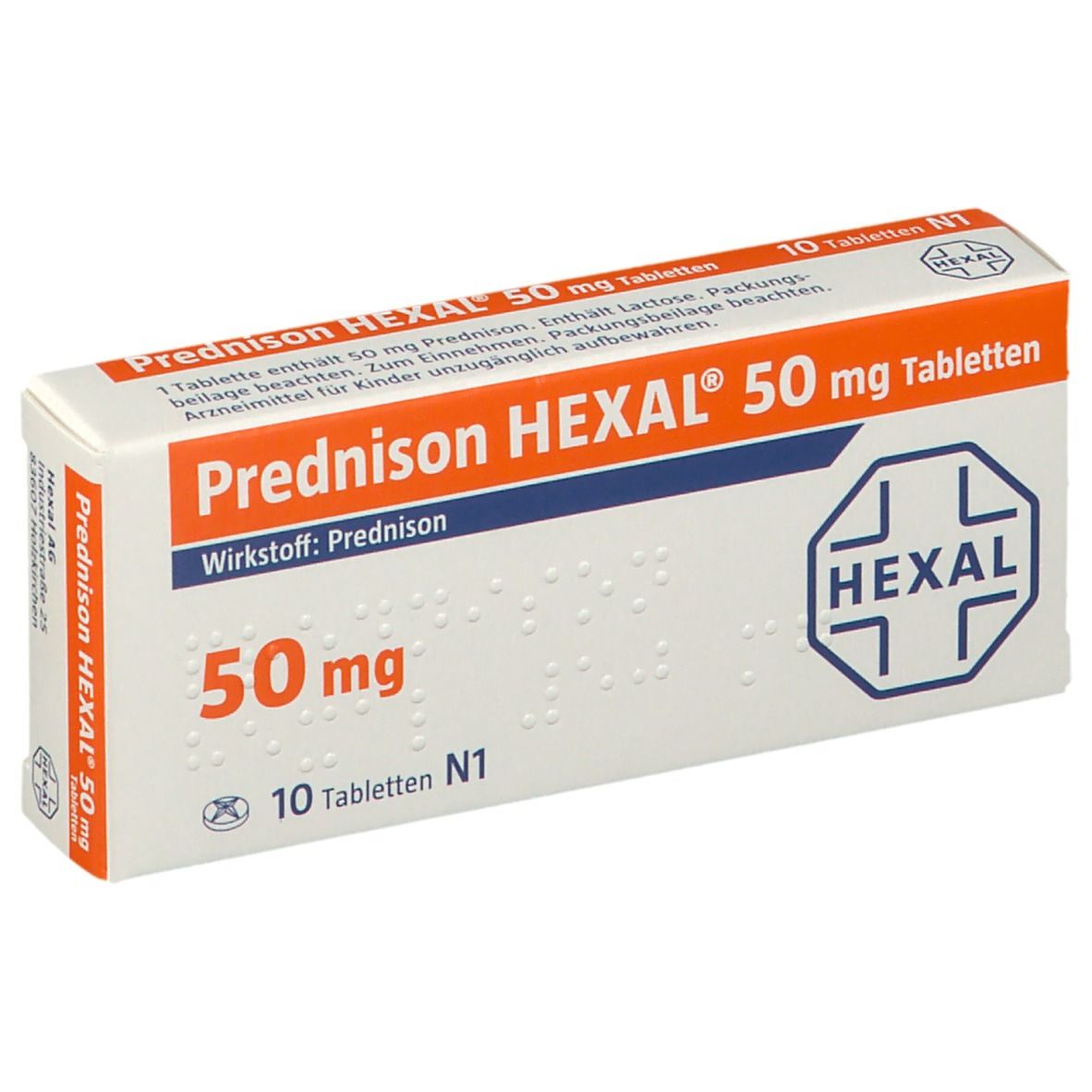 Schachtel mit Prednison HEXAL 50 mg Tabletten. Orange-weißes Design. Aufschrift: 50 mg, 10 Tabletten. HEXAL-Logo.