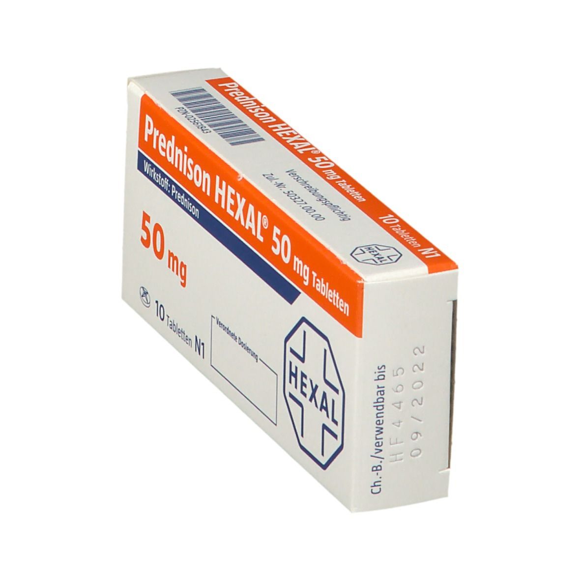 Schachtel Prednison HEXAL 50 mg Tabletten. Weiß-orange. Aufschrift: 50 mg, 10 Tabletten. HEXAL-Logo. Verfallsdatum.