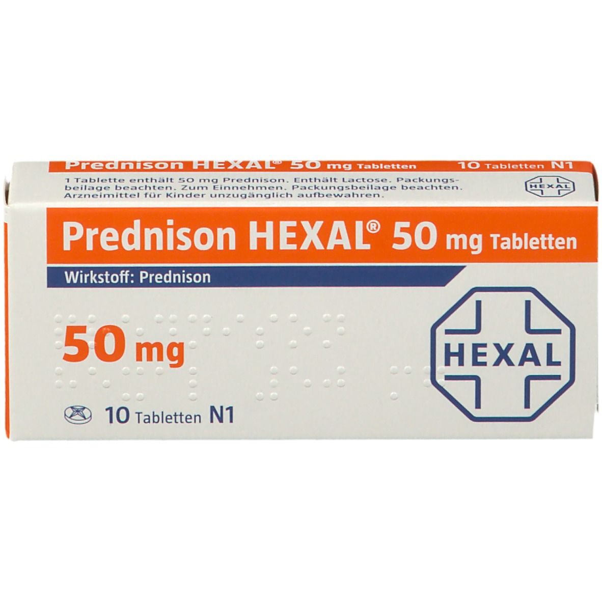 Schachtel Prednison HEXAL 50 mg Tabletten. Orange-weißes Design. Aufschrift: 50 mg, 10 Tabletten. HEXAL-Logo.