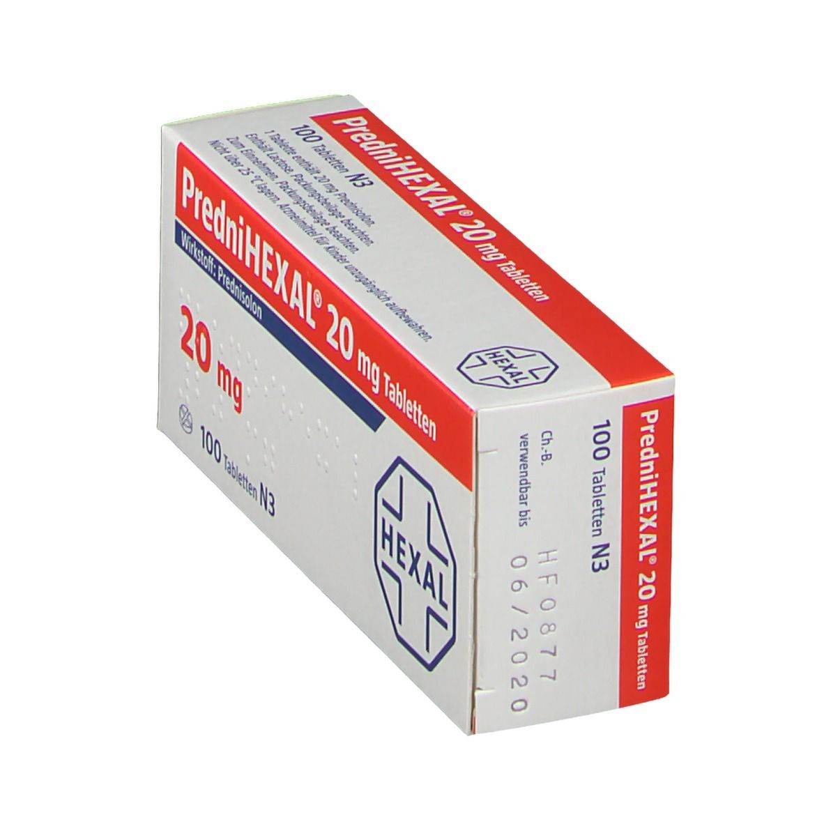 Schachtel PredniHEXAL 20 mg Tabletten. Rote und weiße Verpackung. Enthält 100 Tabletten. HEXAL Logo. Verfallsdatum 06/2020.