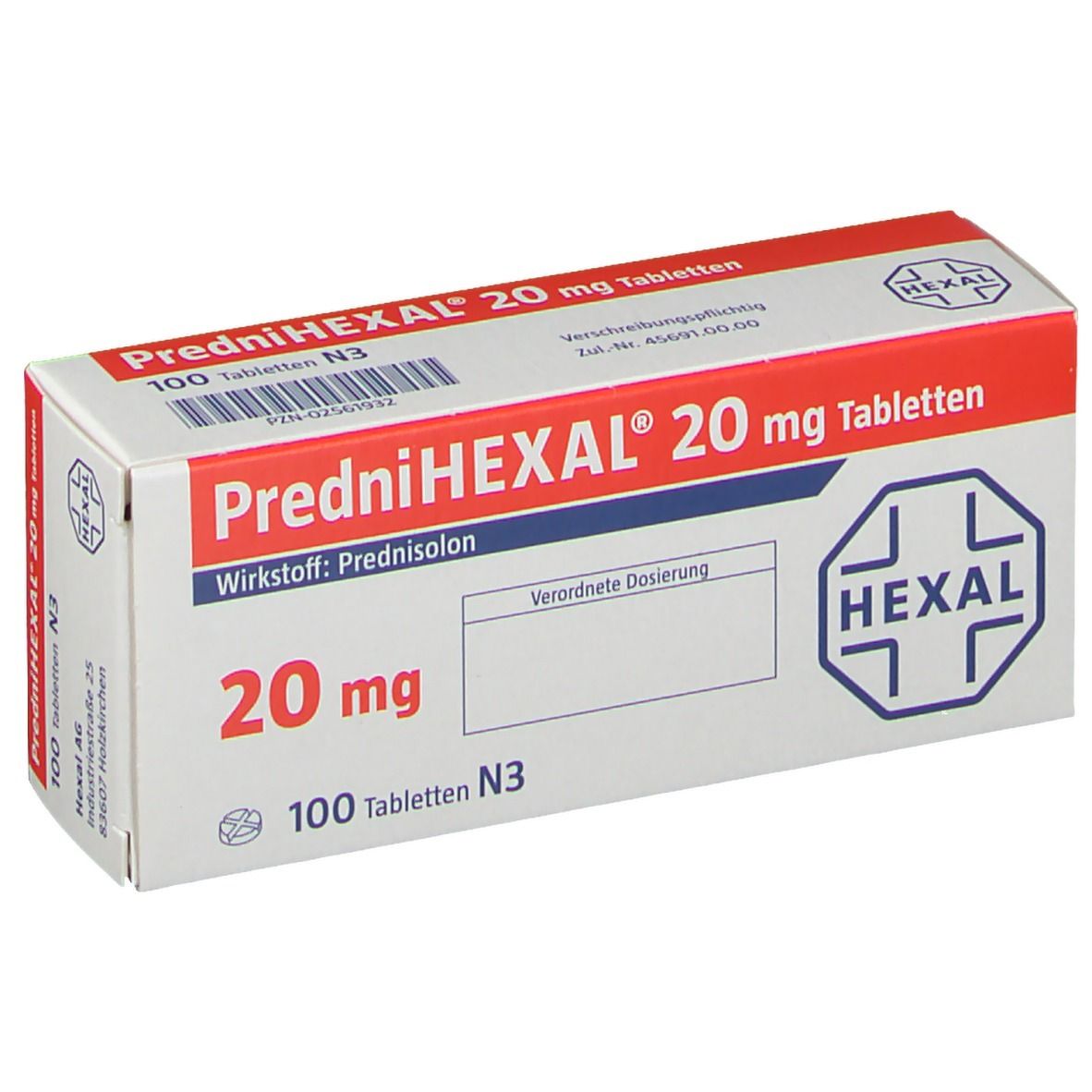 Schachtel PredniHEXAL 20 mg Tabletten. Rote und weiße Verpackung. Enthält 100 Tabletten. HEXAL Logo. Leere Felder für Dosierung.