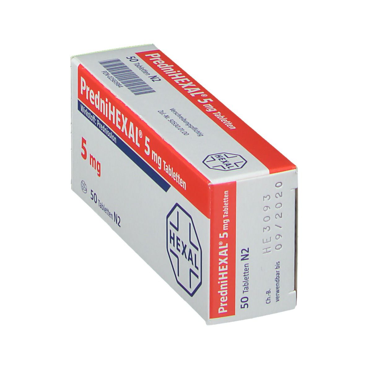 Schachtel PREDNIHEXAL 5 mg Tabletten, schräg. Aufschrift: 5 mg, 50 Tabletten N2. Roter Streifen. HEXAL-Logo.