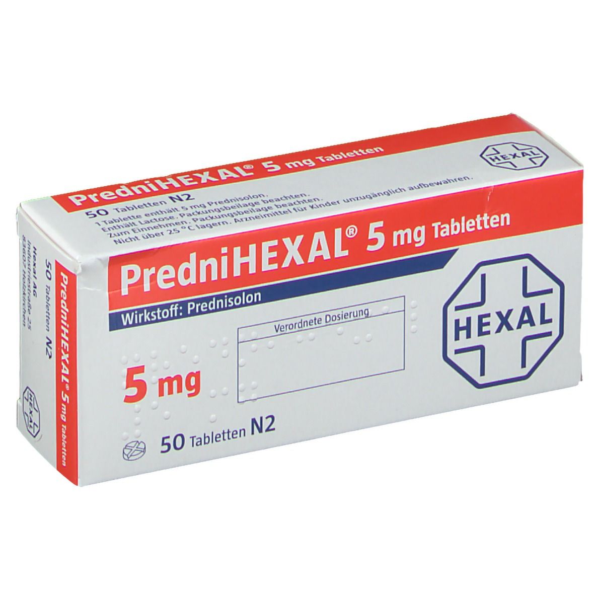 Schachtel PREDNIHEXAL 5 mg Tabletten. Aufschrift: 5 mg, 50 Tabletten N2. Roter Streifen oben. HEXAL-Logo. Feld für Dosierung.