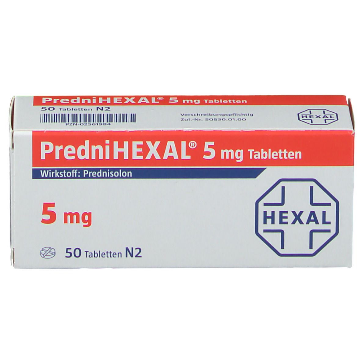 Schachtel PREDNIHEXAL 5 mg Tabletten. Aufschrift: 5 mg, 50 Tabletten N2. Roter Streifen oben. HEXAL-Logo.